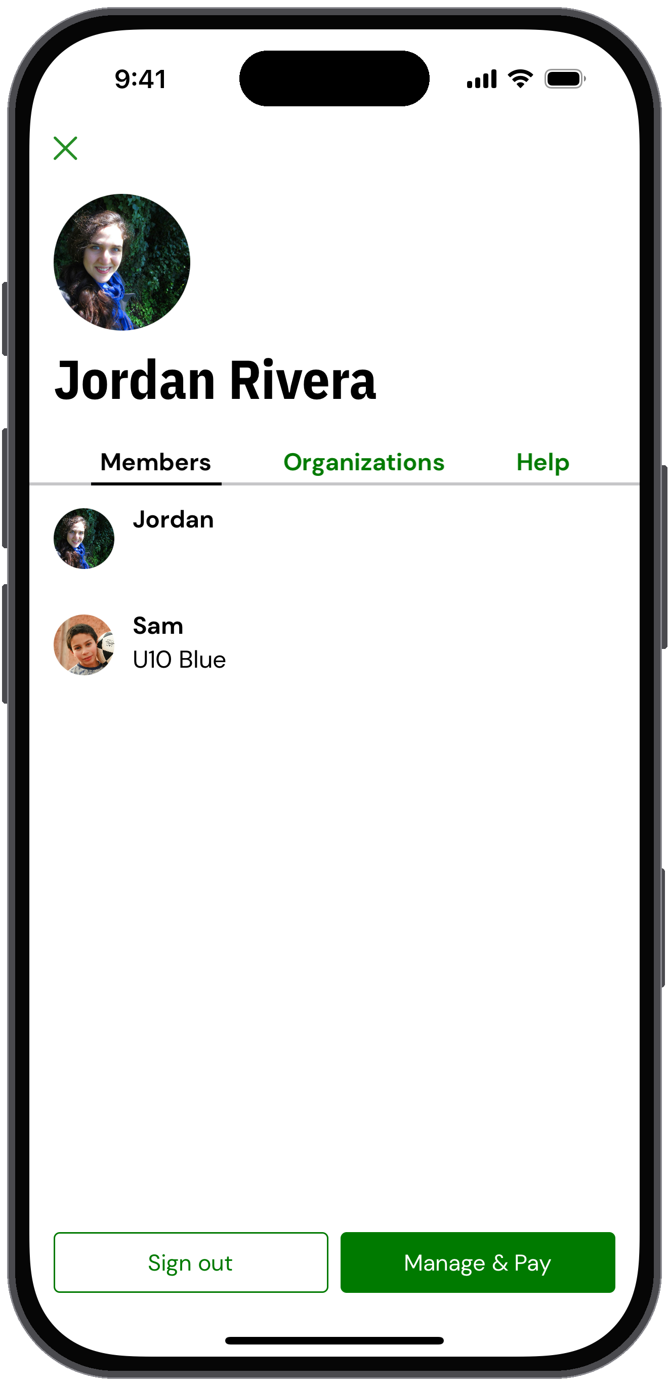 My account screen for Jordan Rivera with profile photos and Members, Organizations and Help tabs