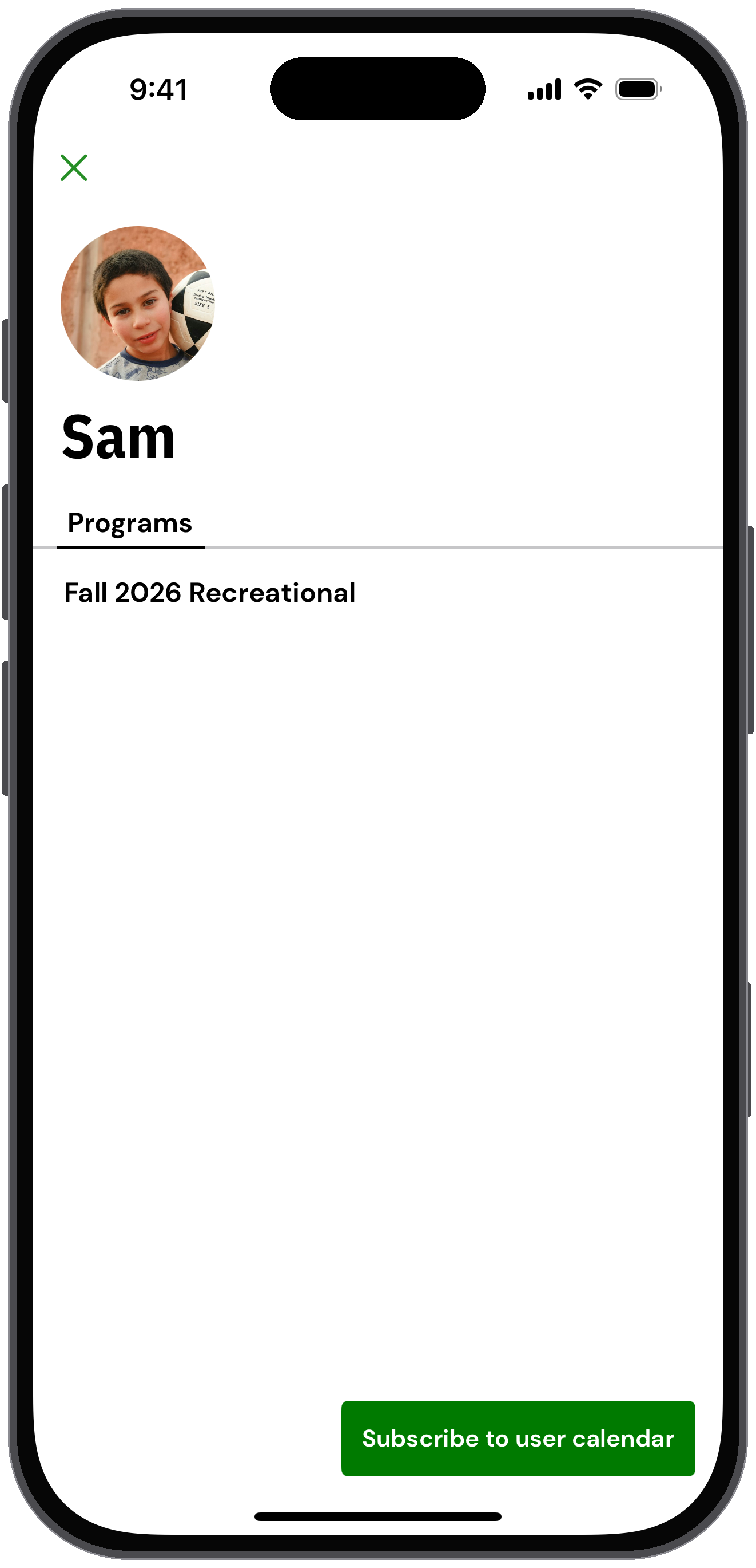 Member details for Sam with a profile photo, the Fall 2026 Recreational program and Subscribe to user calendar