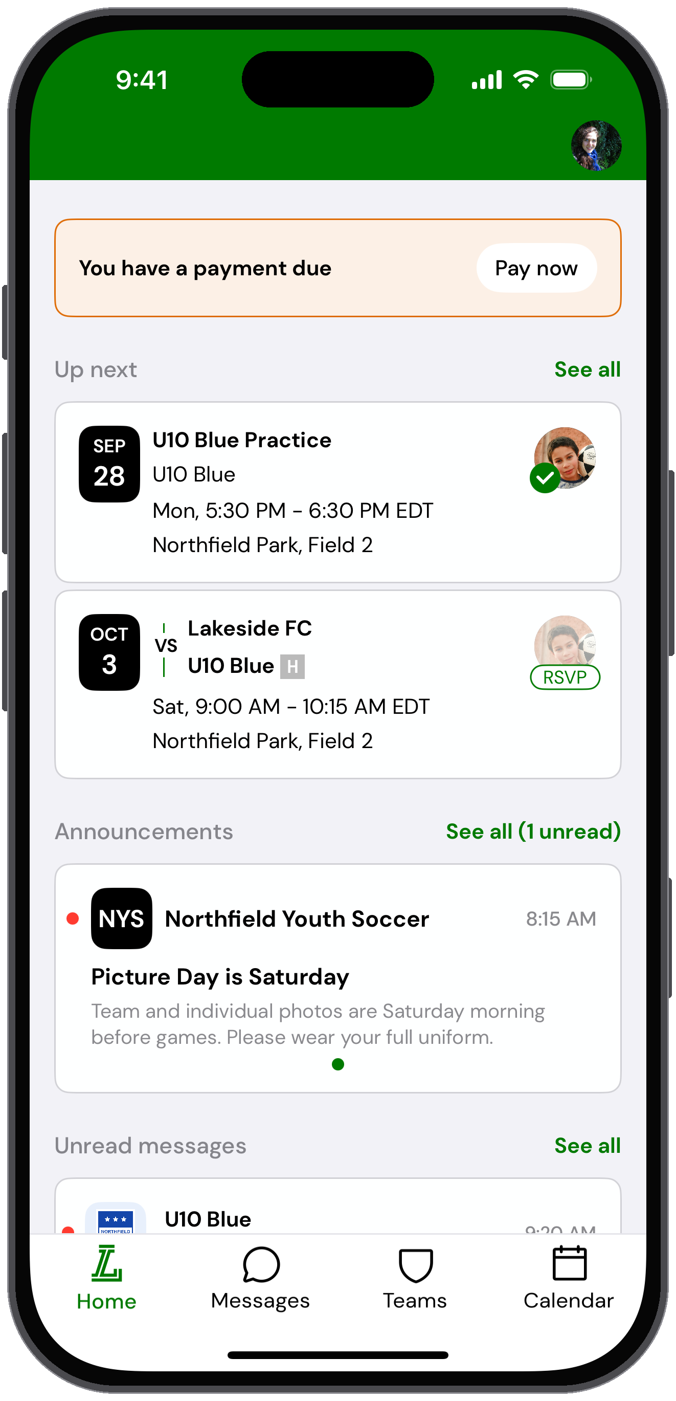 Home tab with Home, Messages, Teams and Calendar tabs at the bottom and a profile photo in the top right