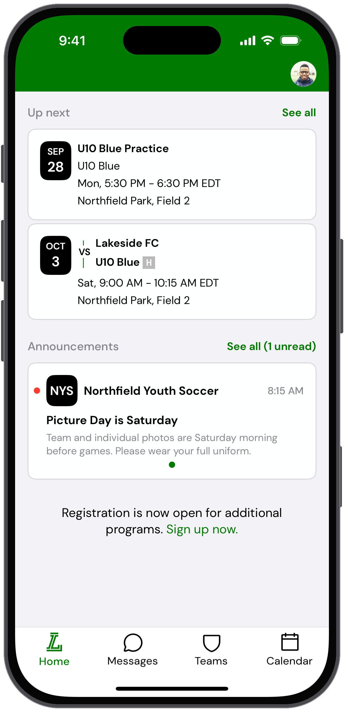 Coach's Home tab with Home, Messages, Teams and Calendar tabs and a profile photo in the top right