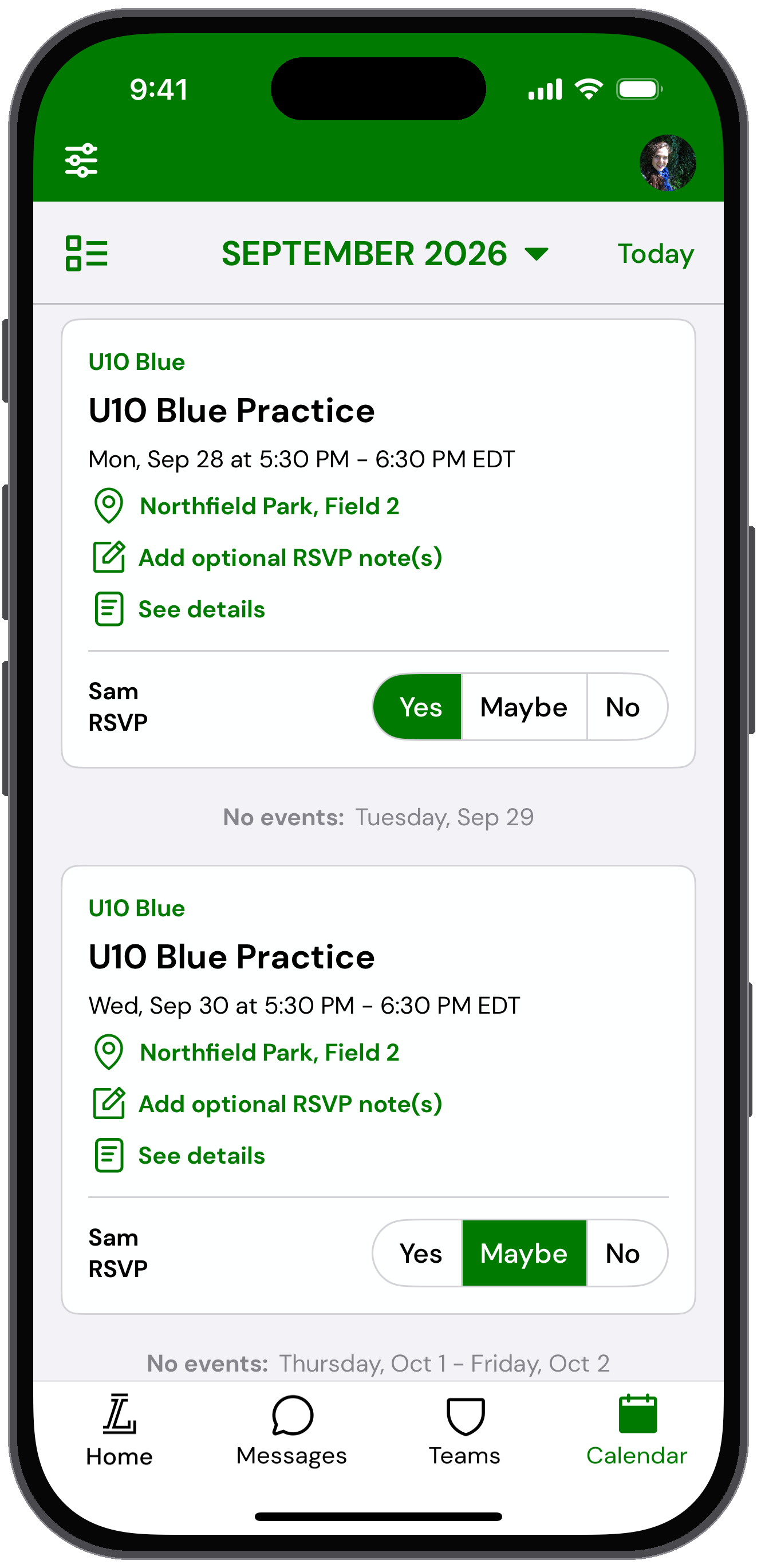Calendar tab with U10 Blue events and RSVP buttons