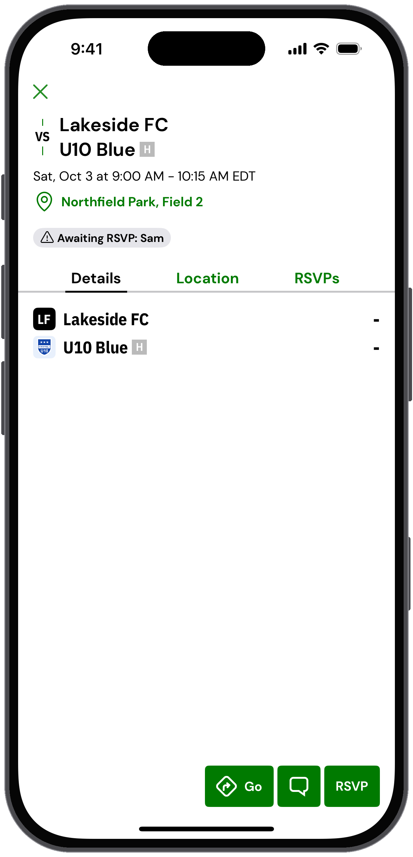Game details for U10 Blue vs. Lakeside FC with Details, Location and RSVPs tabs