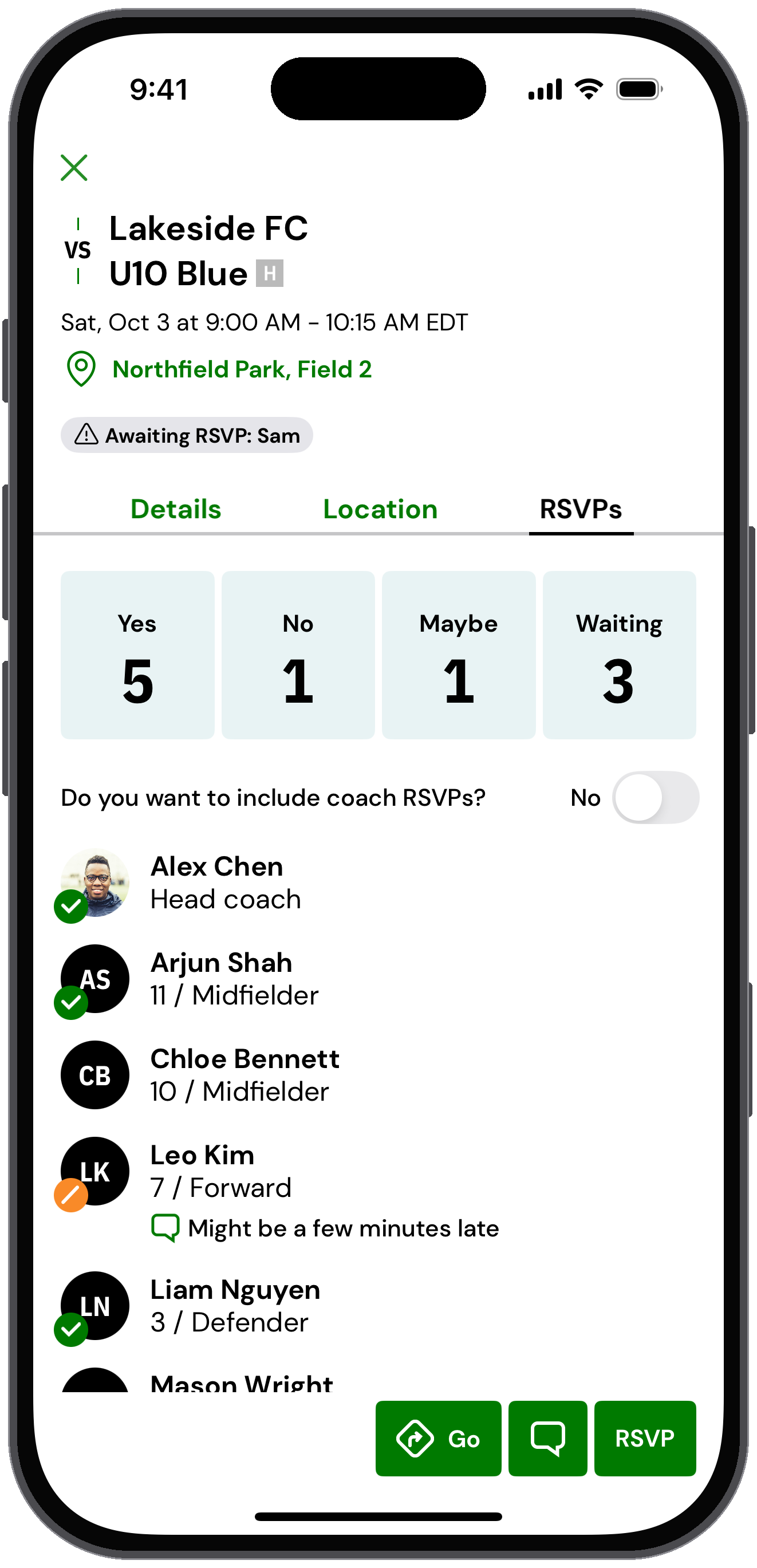 RSVPs tab on a game showing Yes, No, Maybe and Waiting counts and each player's response