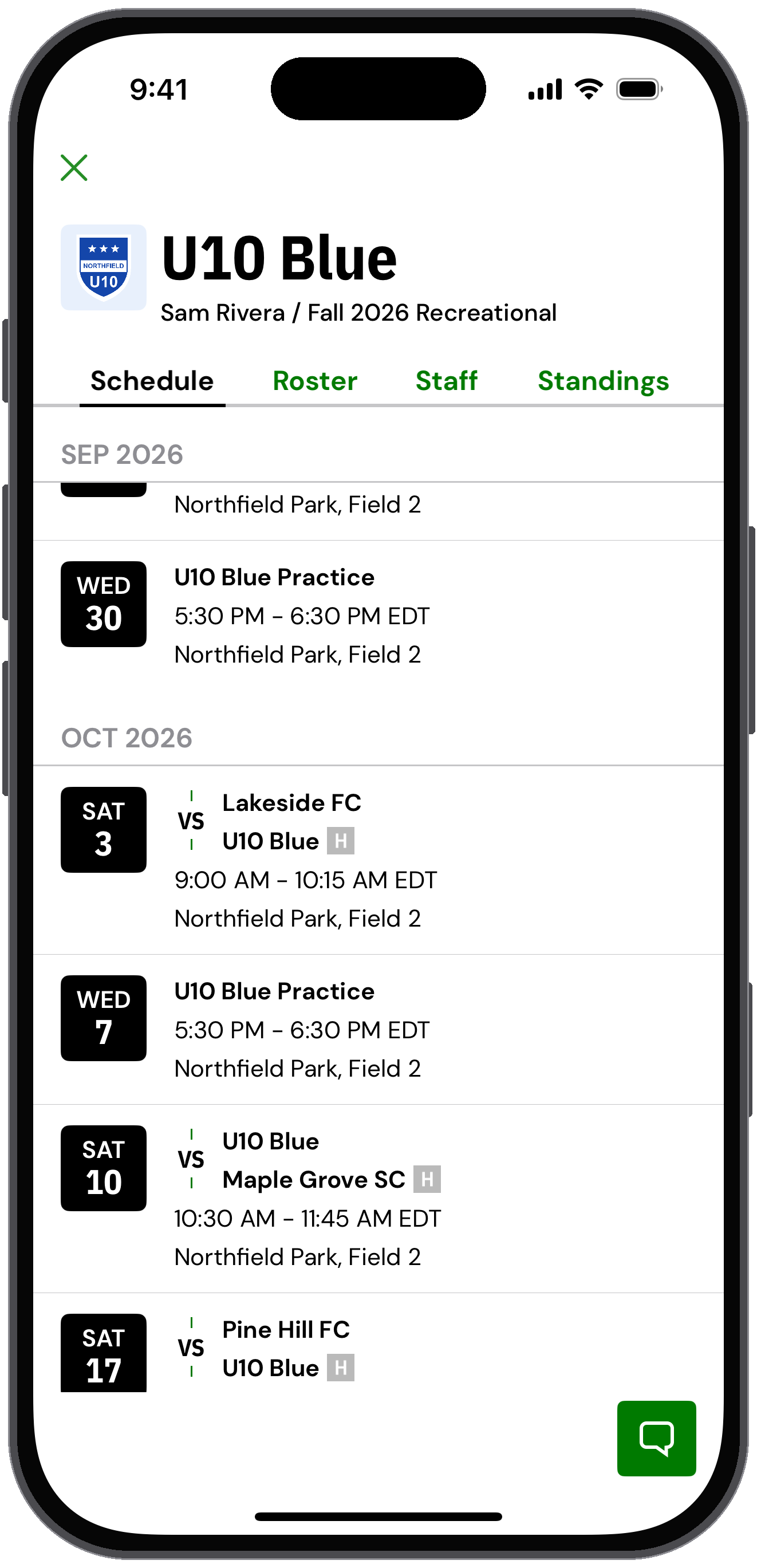 U10 Blue team details on the Schedule tab with upcoming games and practices