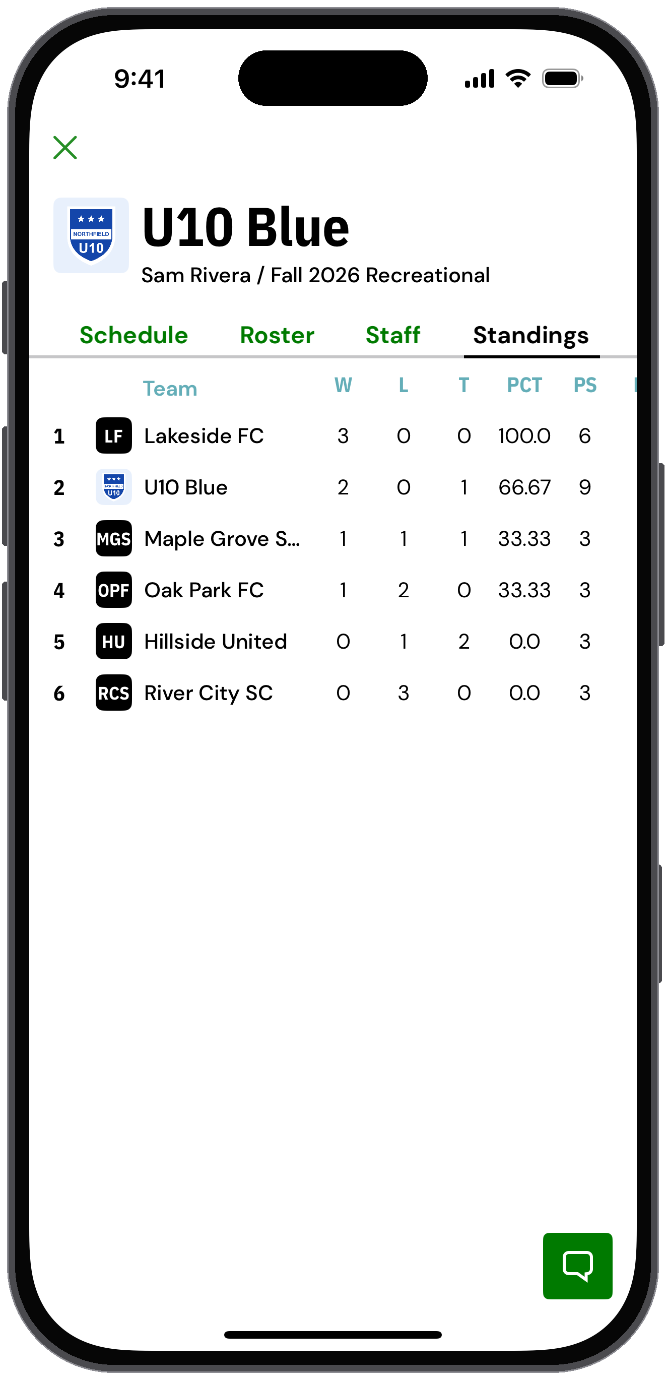 U10 Blue team details on the Standings tab with wins, losses and ties
