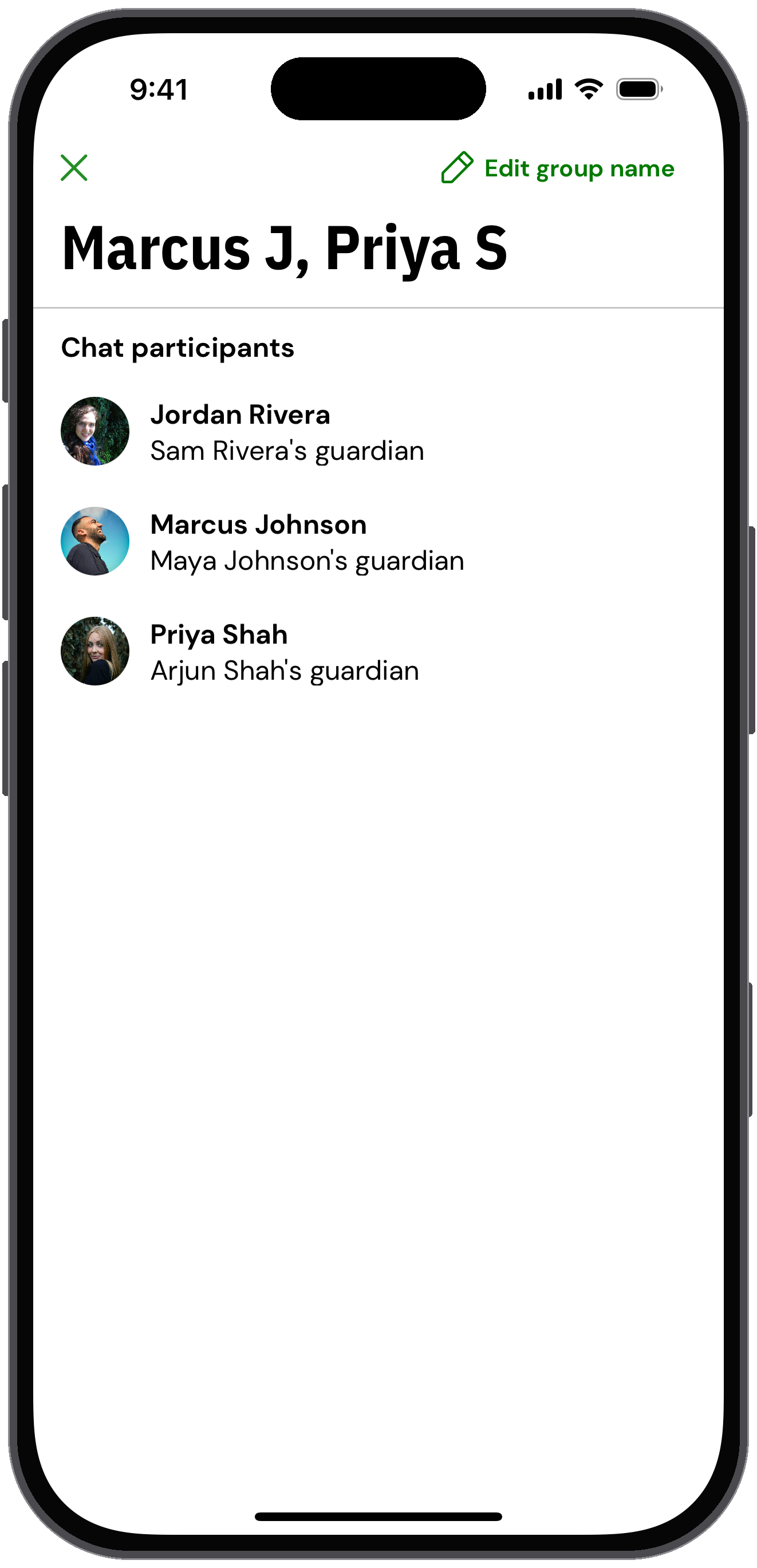 Chat info screen listing the chat participants with Edit group name