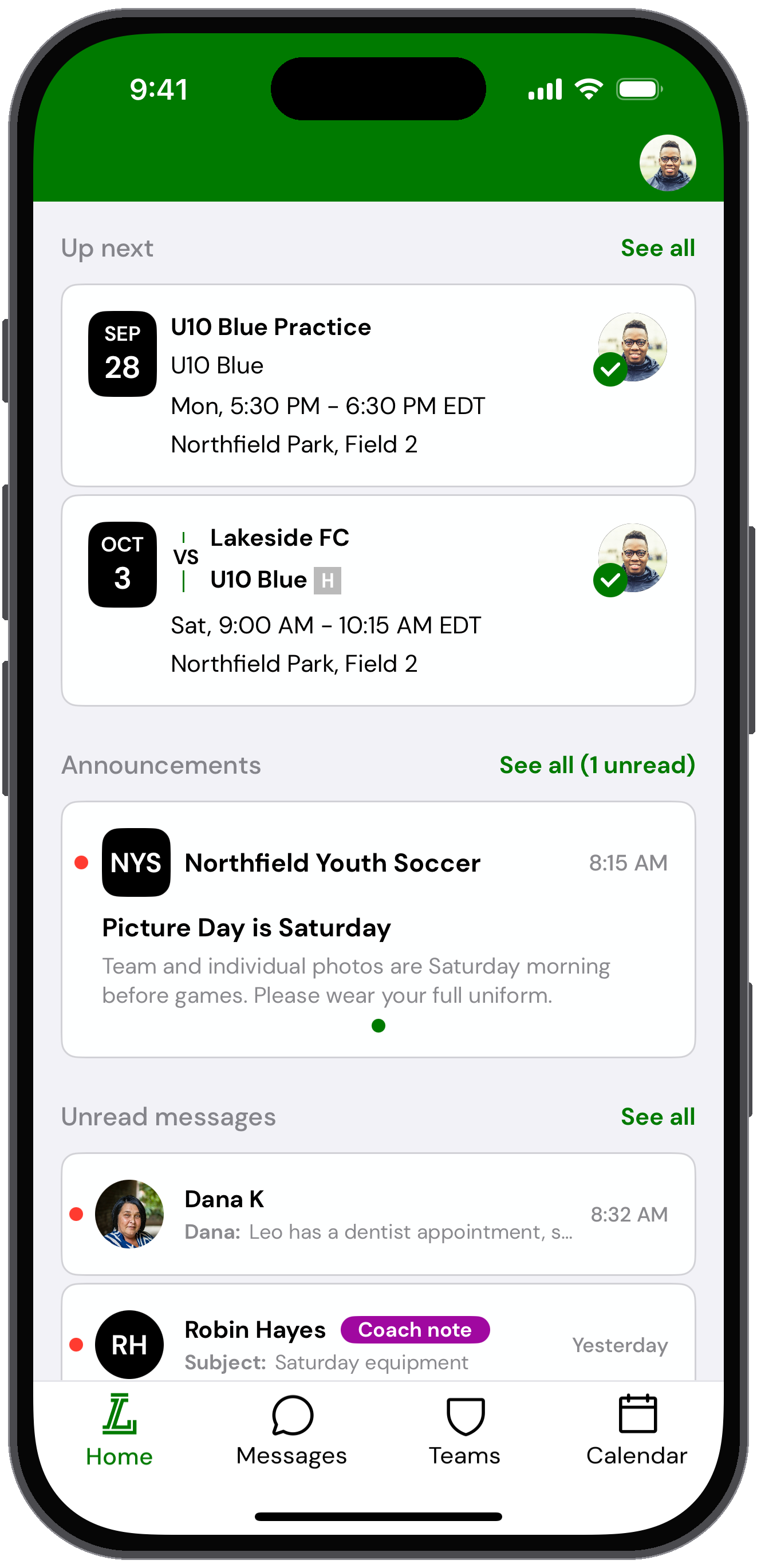 Coach's Home tab with upcoming U10 Blue events and an announcement