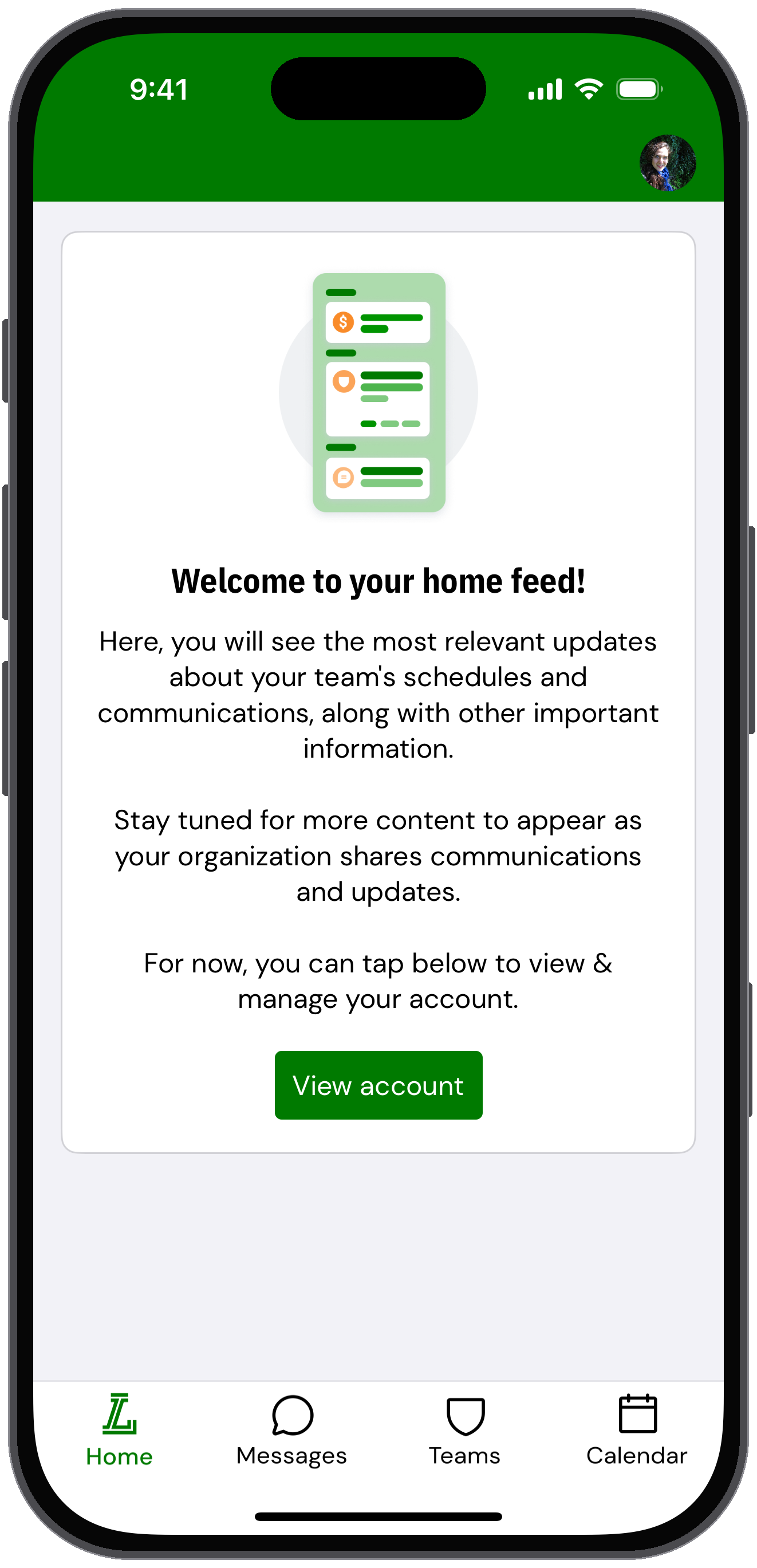 Home tab welcome message for a member who isn't on a team yet, with a View account button