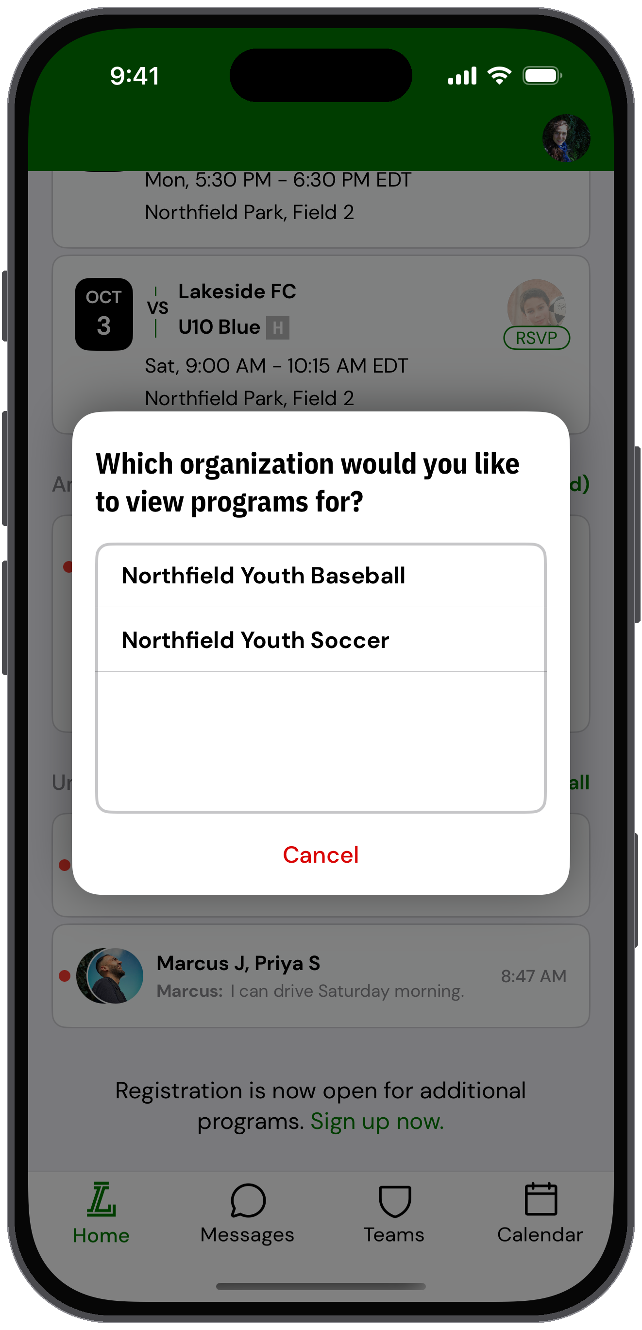 Prompt asking which organization's open programs to view
