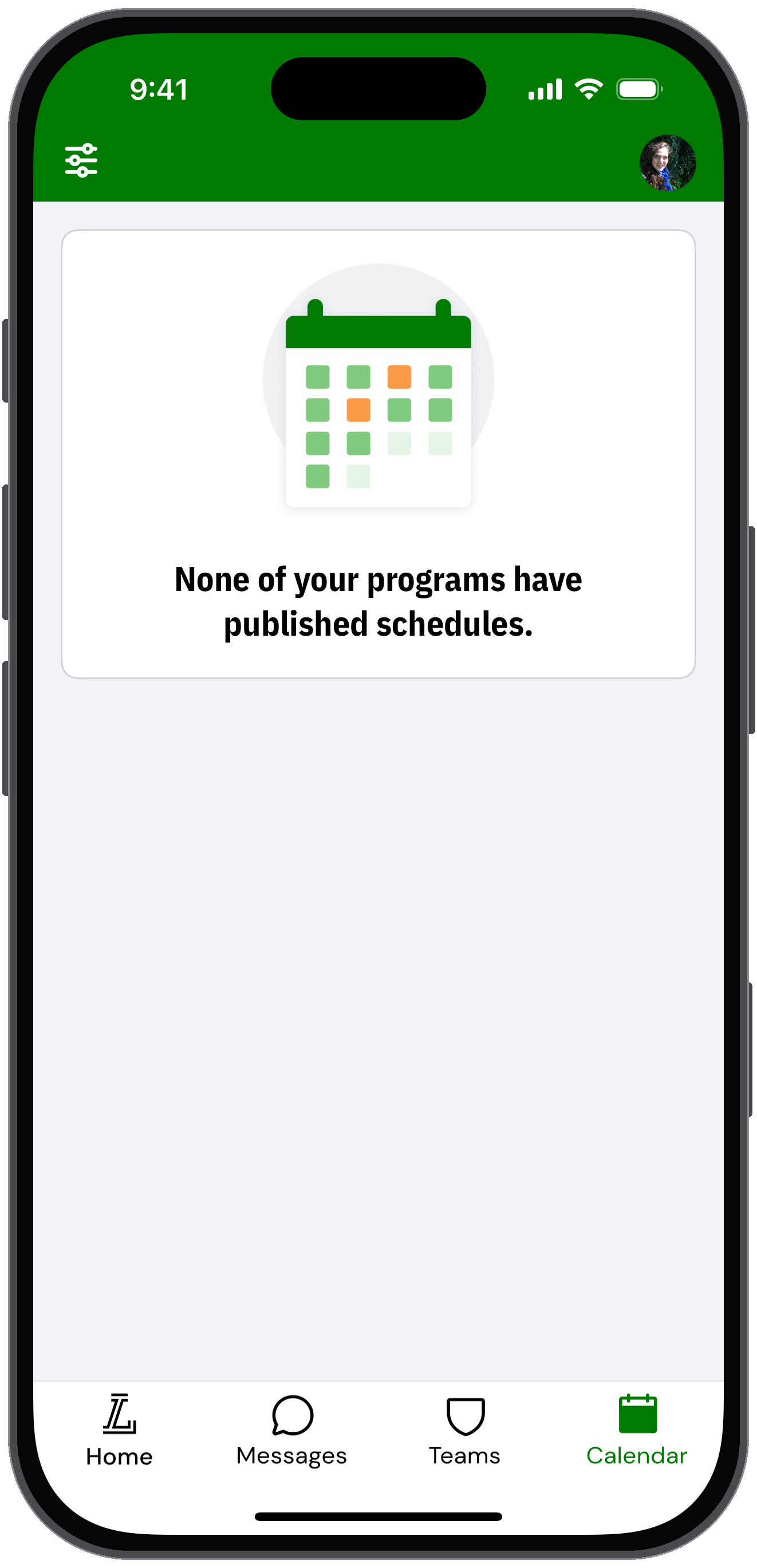 Calendar tab message saying none of your programs have published schedules