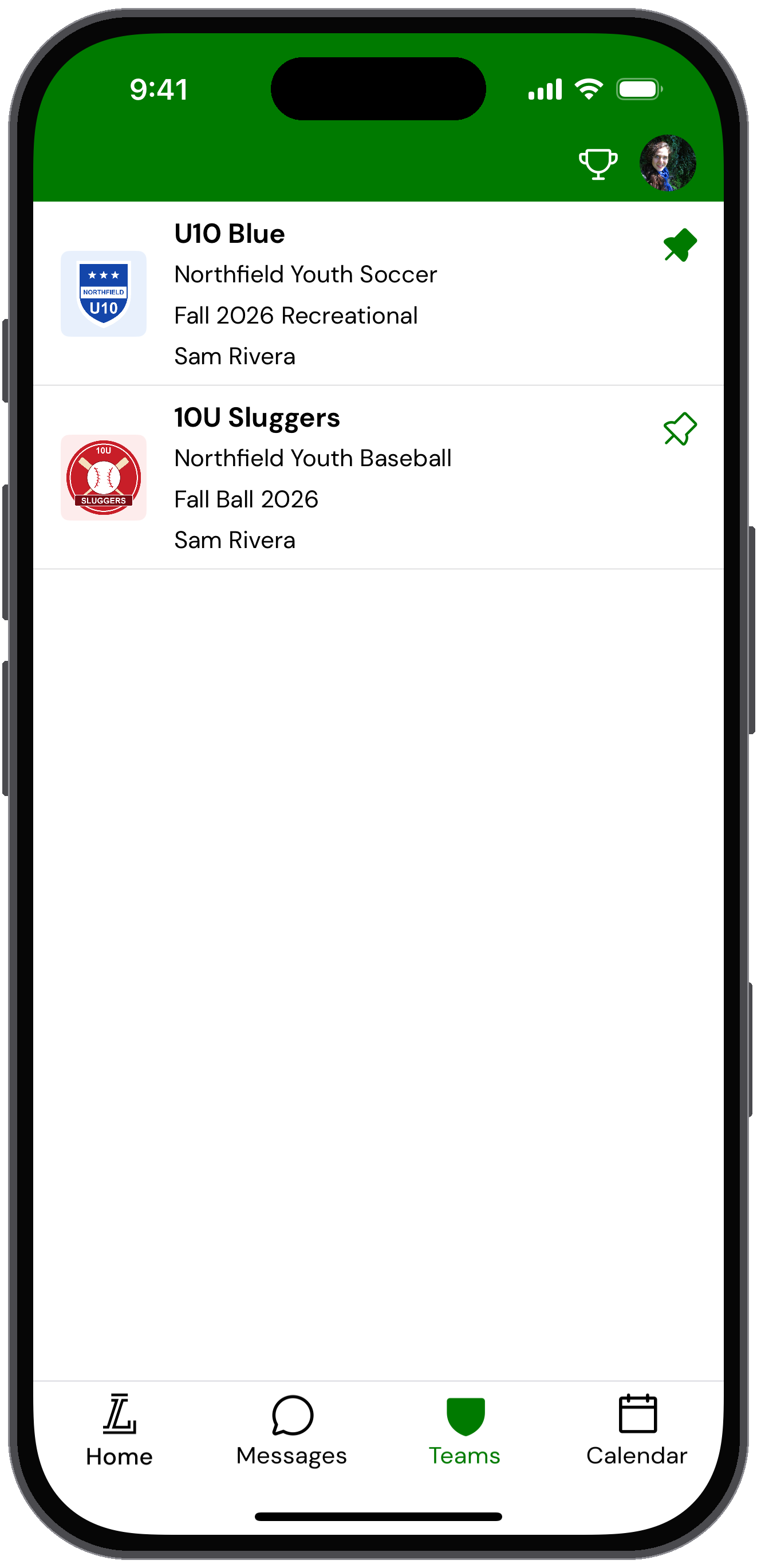 Teams tab listing U10 Blue and 10U Sluggers with team logos