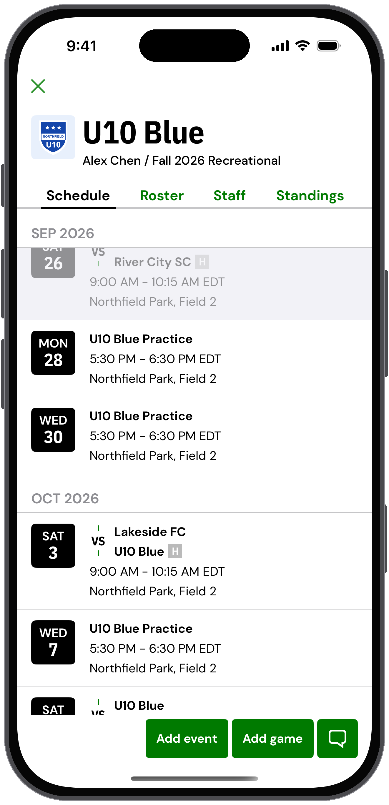 U10 Blue team details for a coach with Add event and Chat buttons