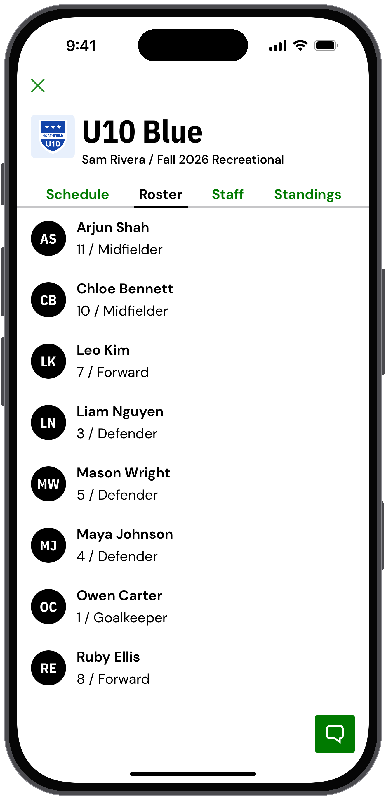 U10 Blue team details on the Roster tab listing players