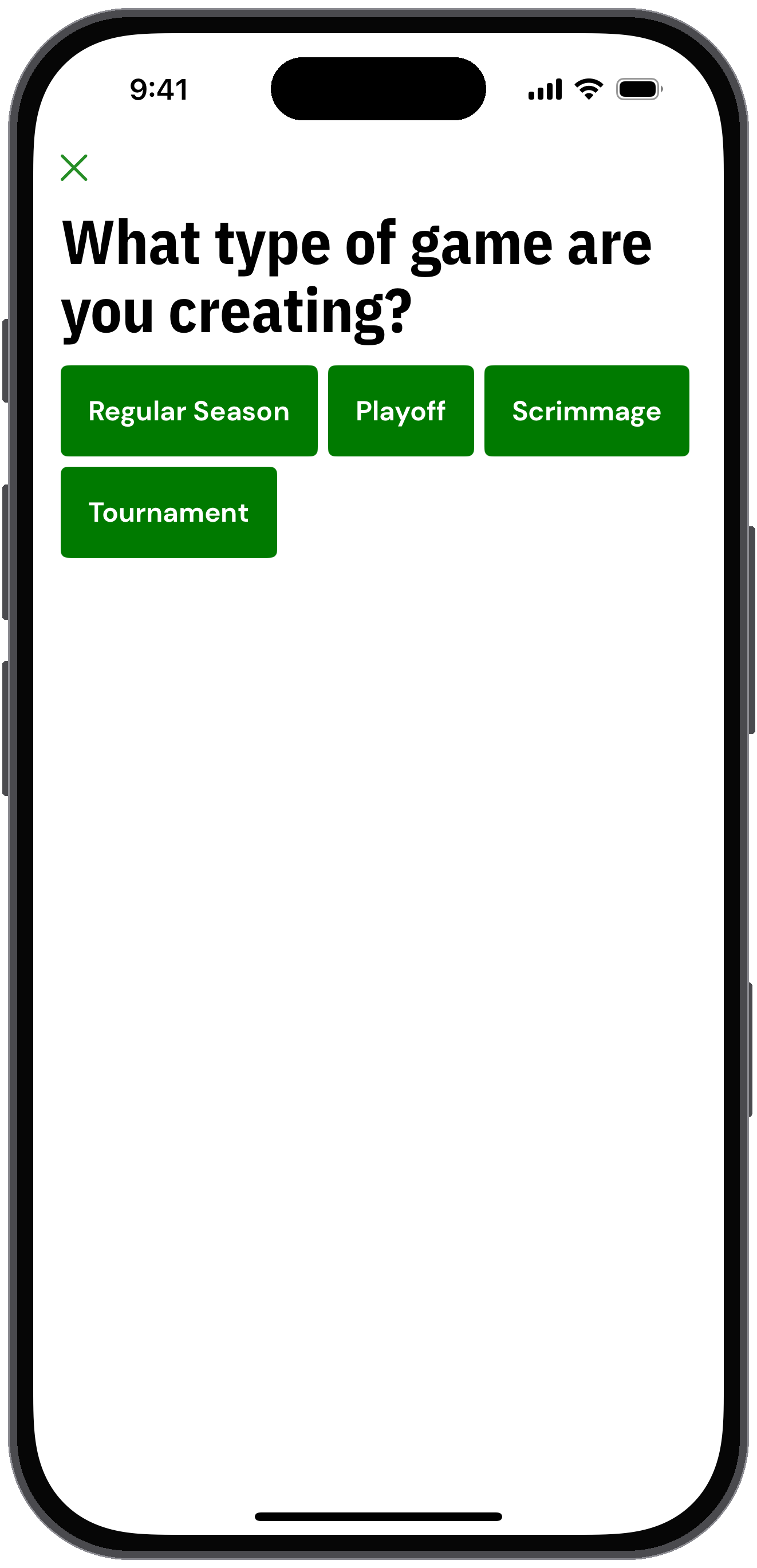 Screen asking what type of game you're creating