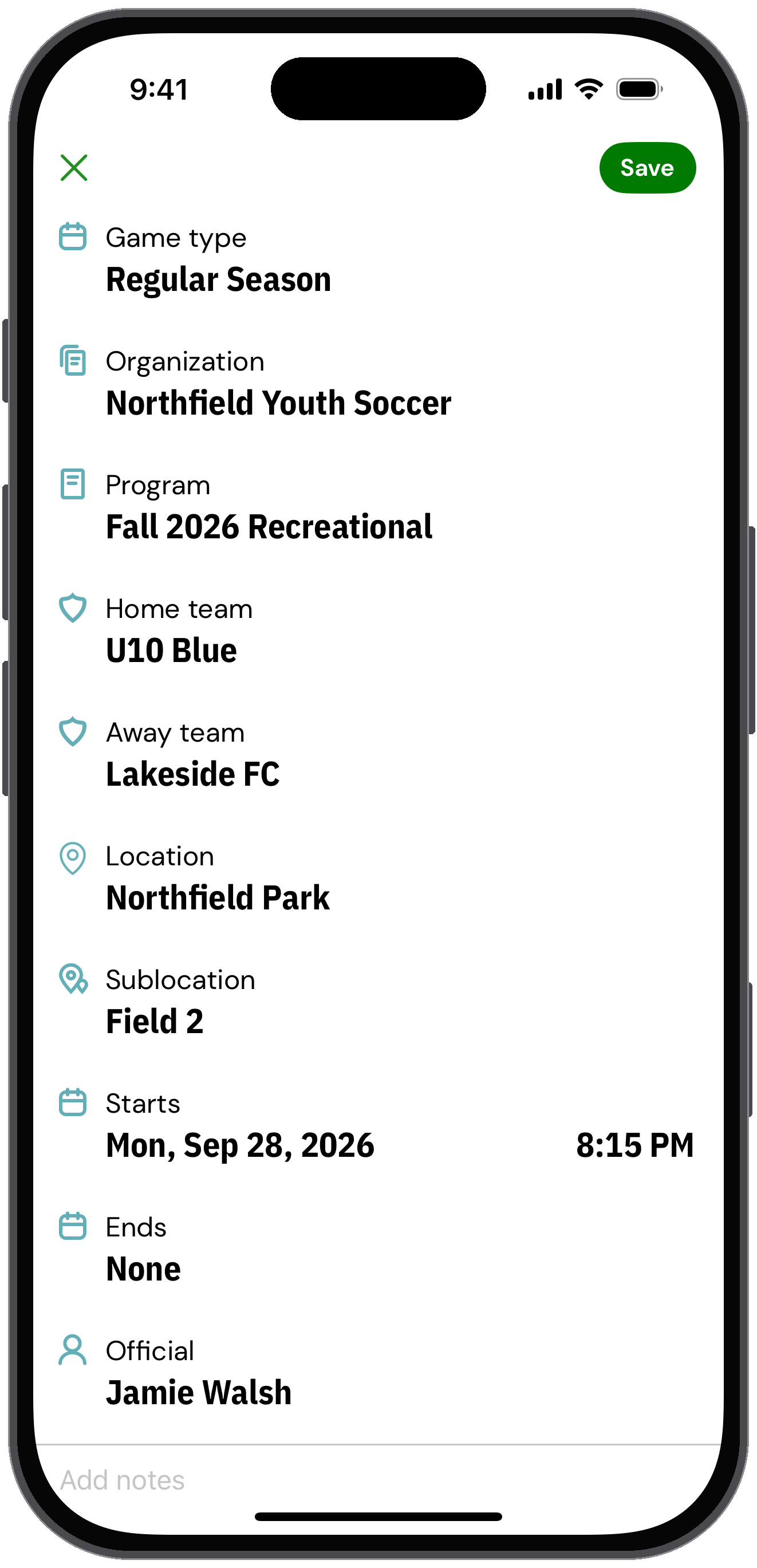New regular season game form with organization, program, teams, location and times