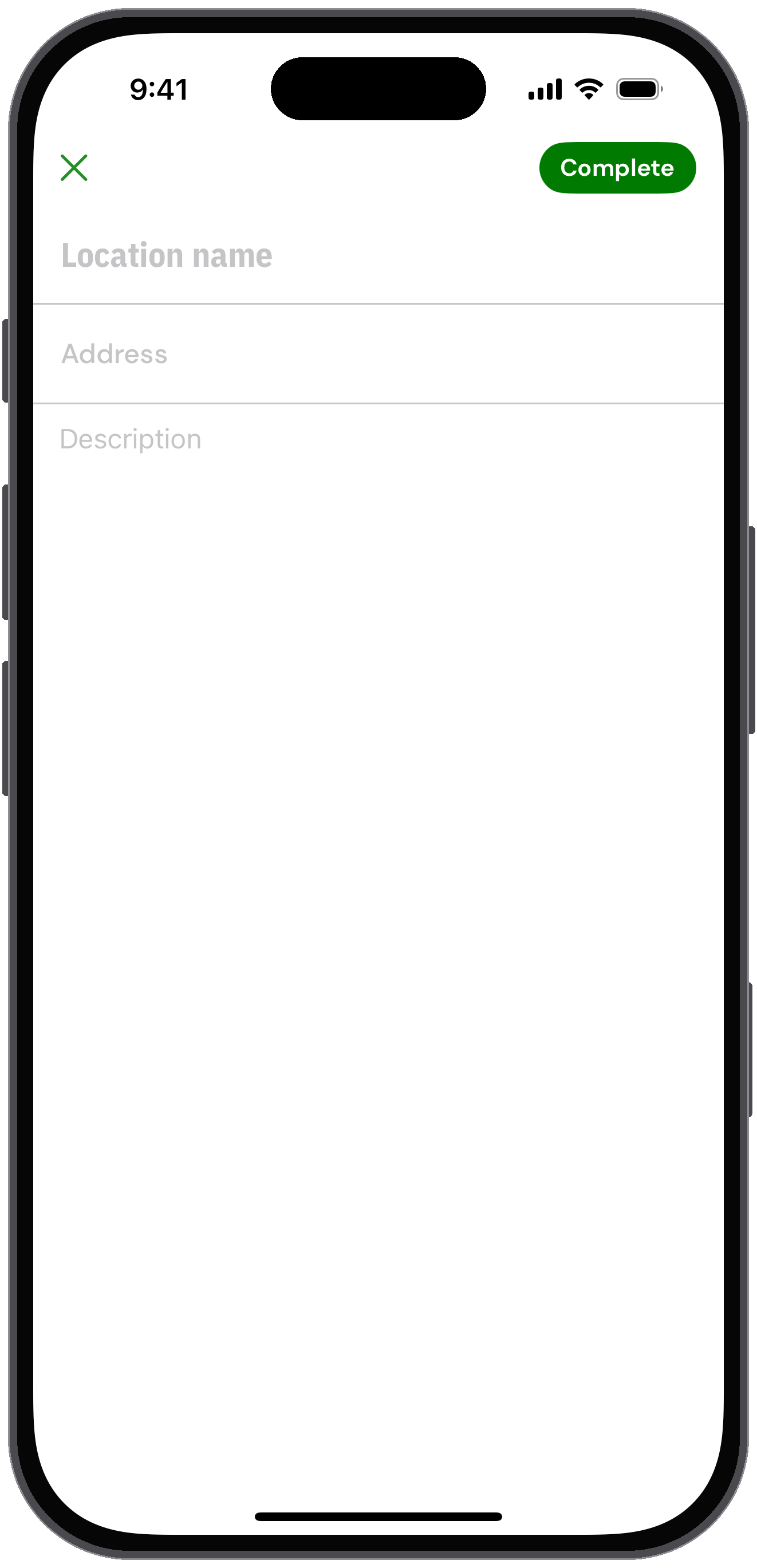 Add location form with title, address and description fields