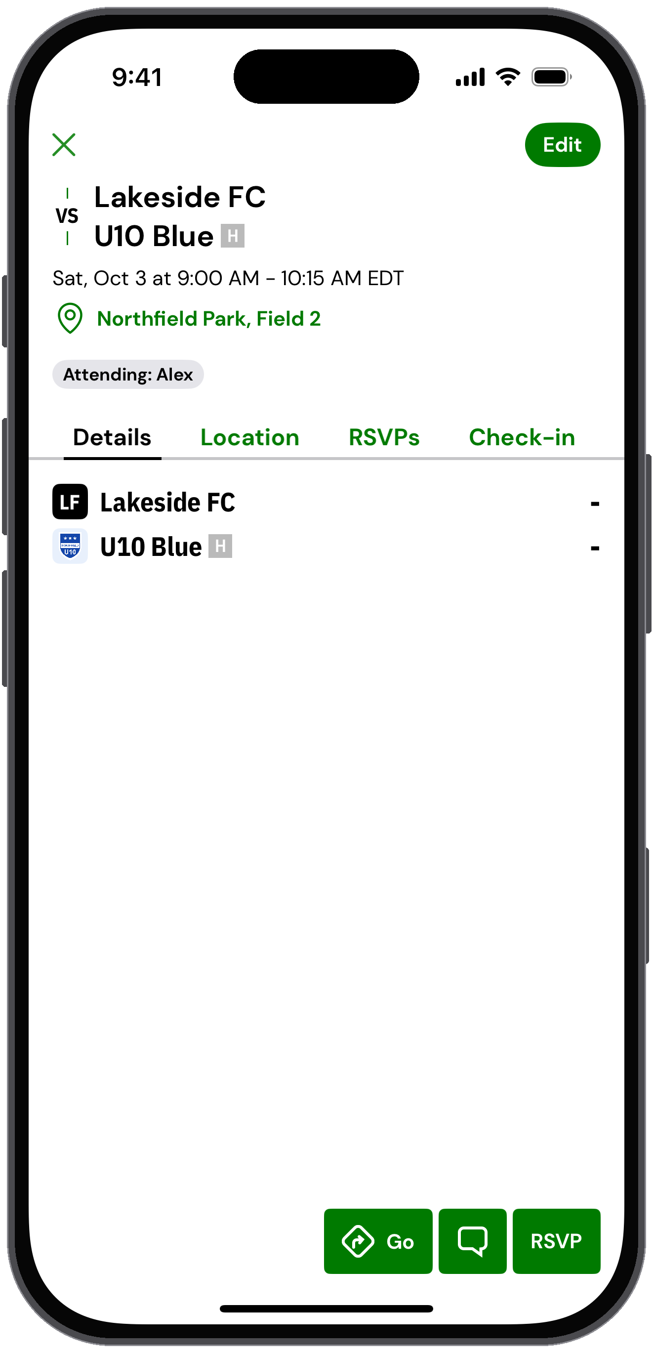 Event details as a coach with the Edit button in the top right