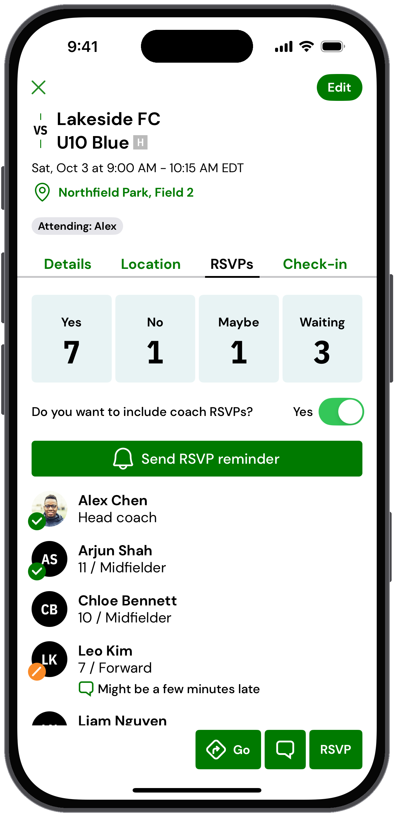RSVPs tab with response counts and the option to include coach RSVPs
