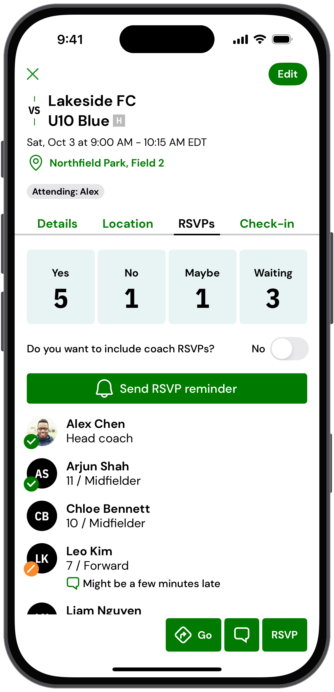 RSVPs tab with the Send RSVP reminder button