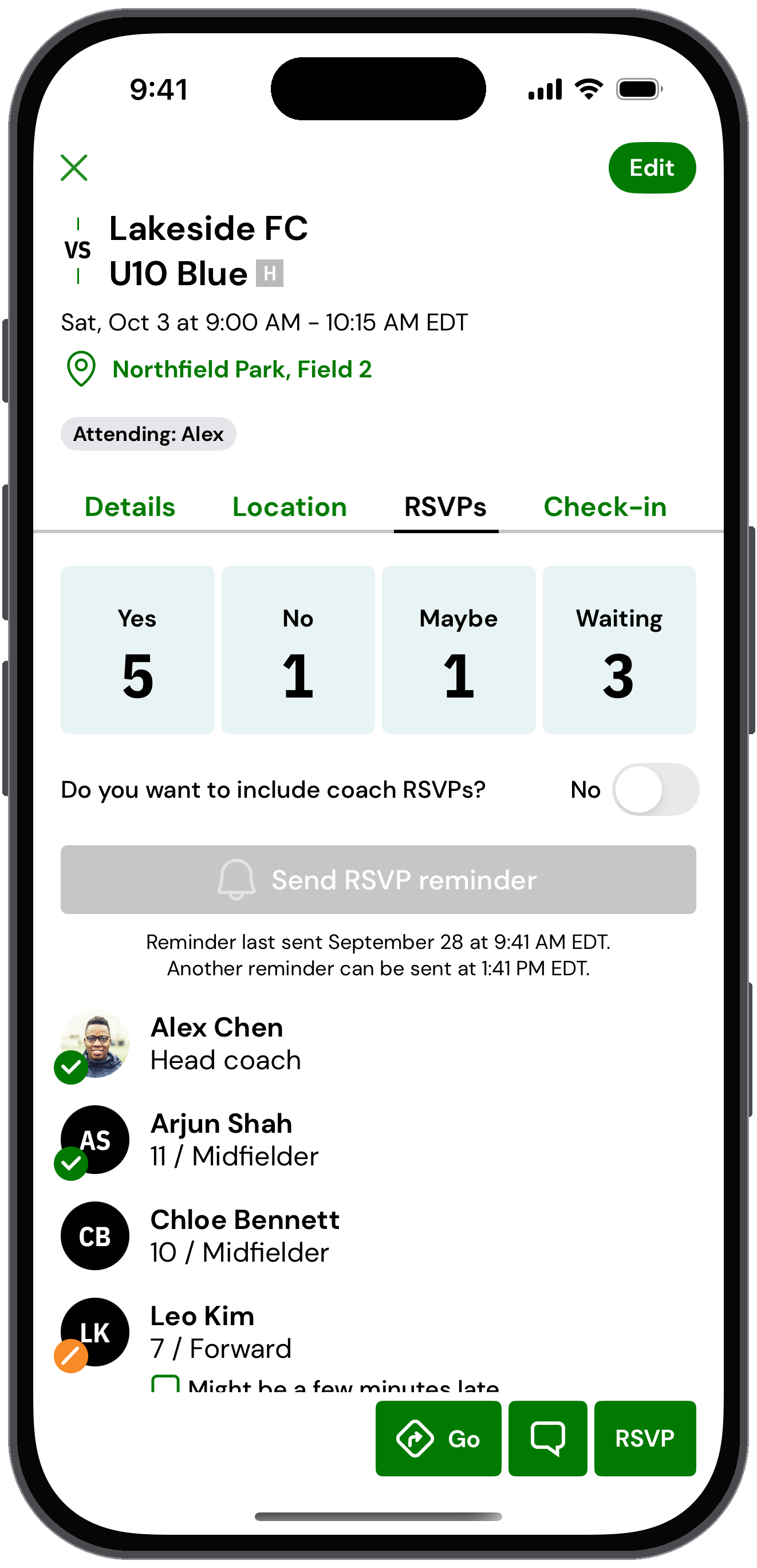 RSVPs tab after a reminder was sent, noting when another can be sent