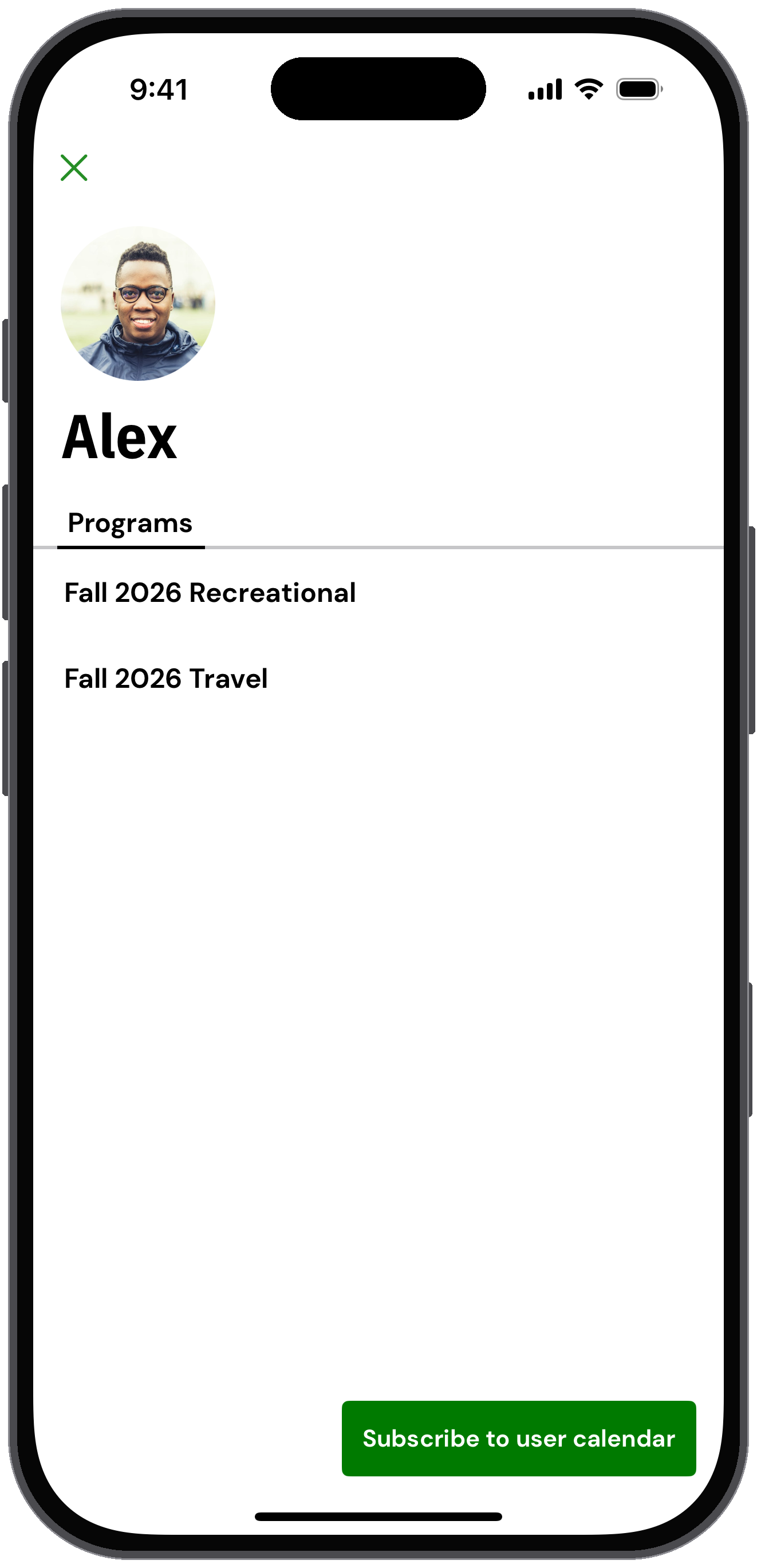 Member screen for Alex with programs and Subscribe to user calendar