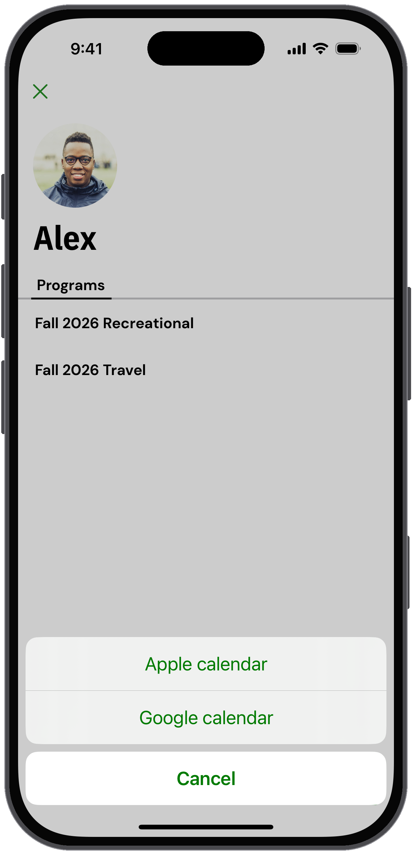 Subscribe sheet with Apple calendar, Google calendar and Cancel options