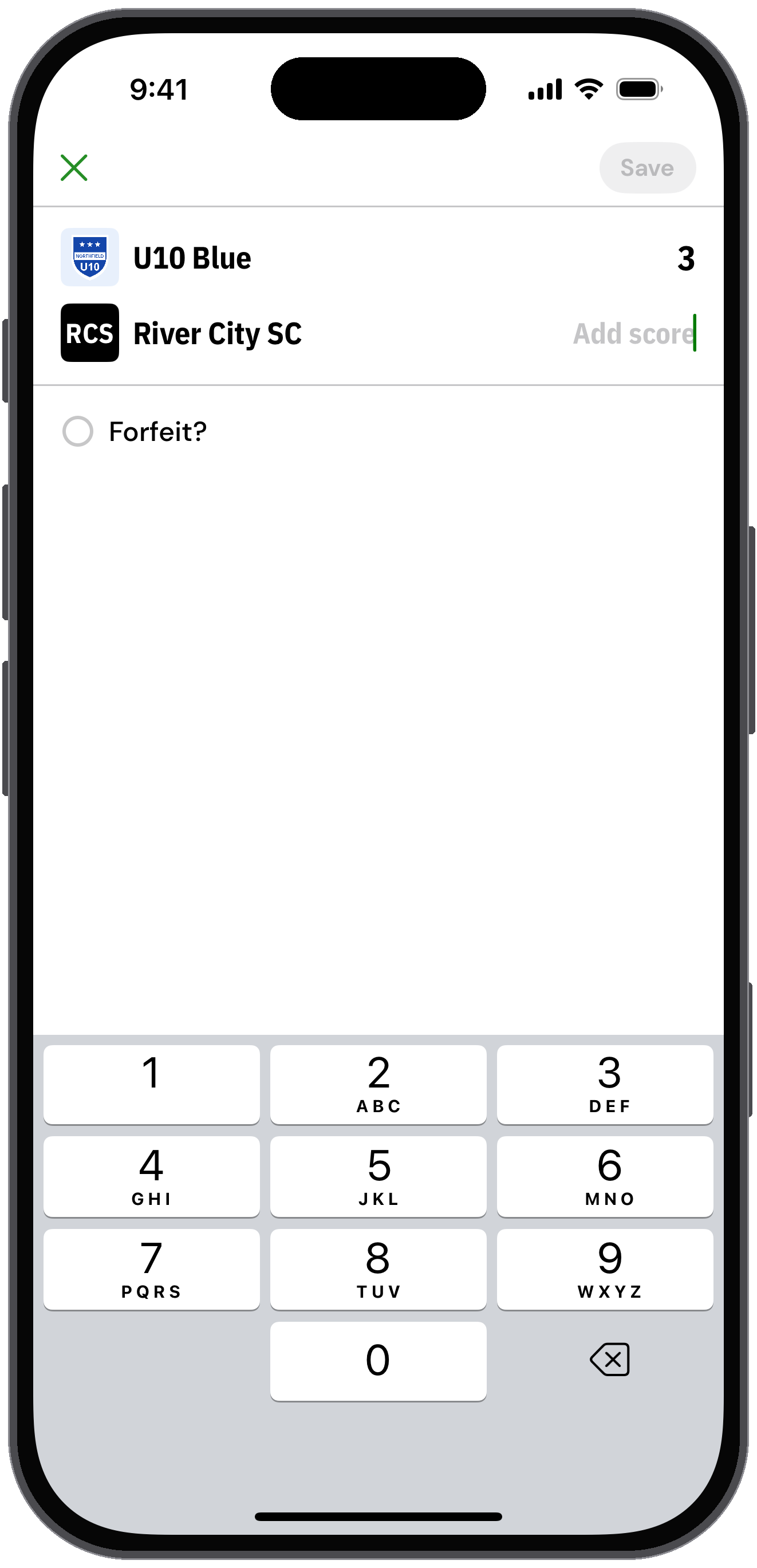 Add score screen for U10 Blue vs. Lakeside FC with the number pad