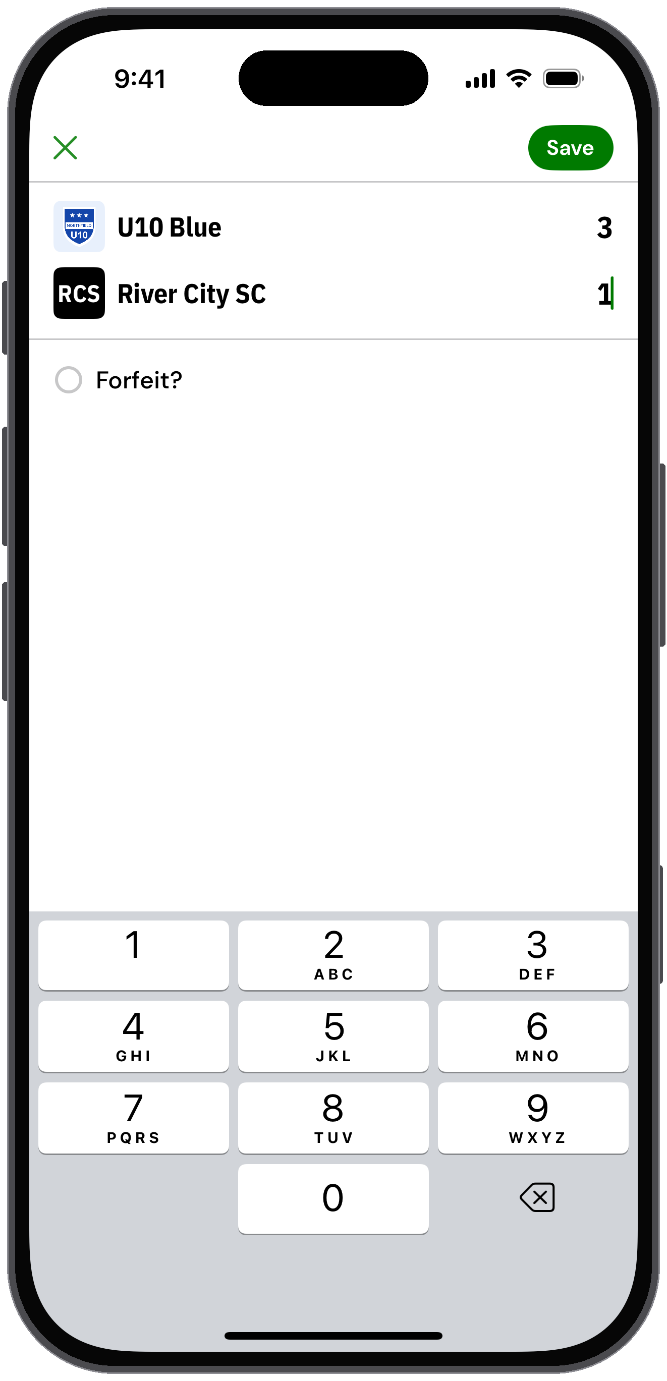 Add score screen with both teams' scores entered