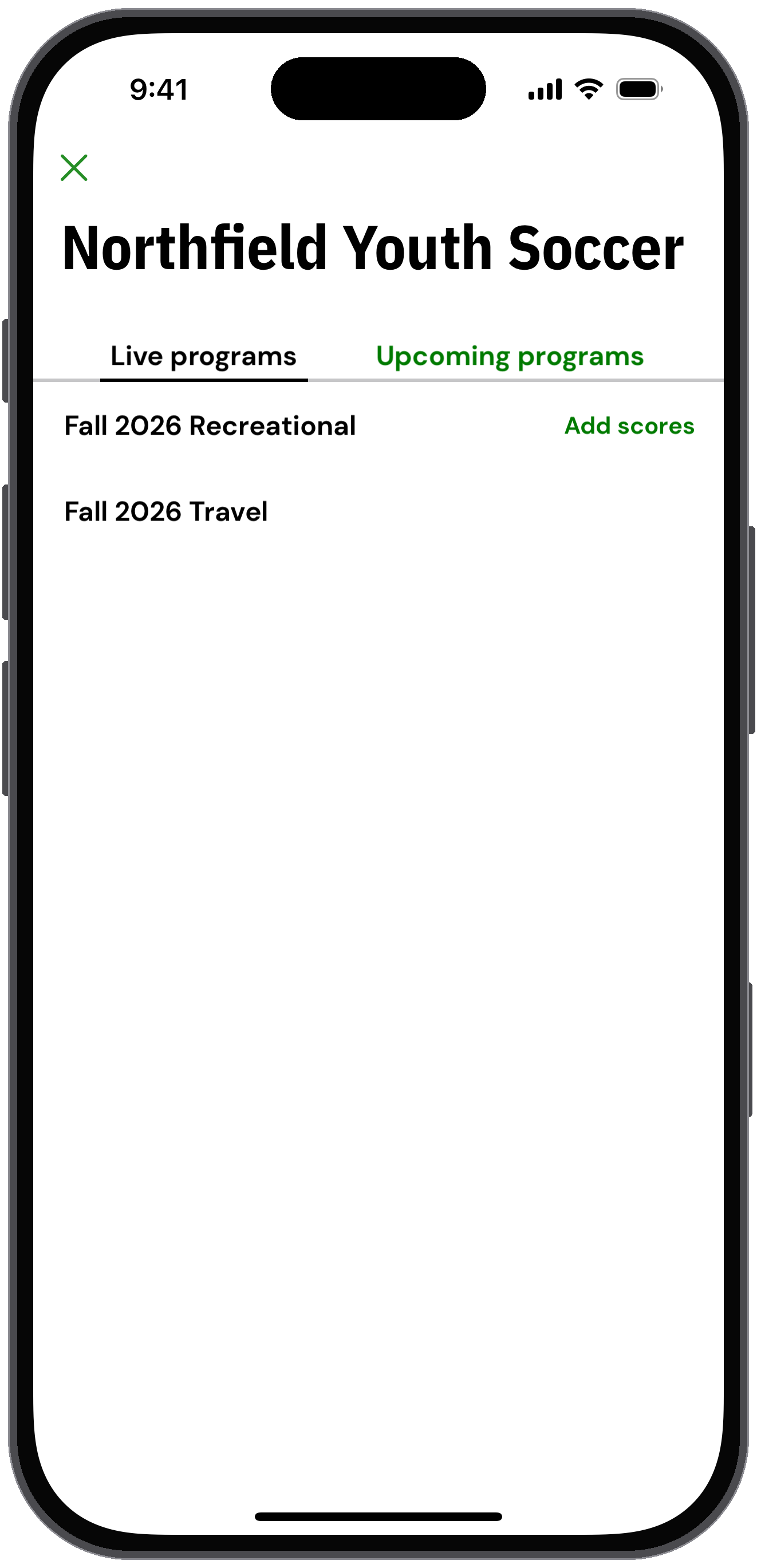 Organization page with an Add scores link for a program