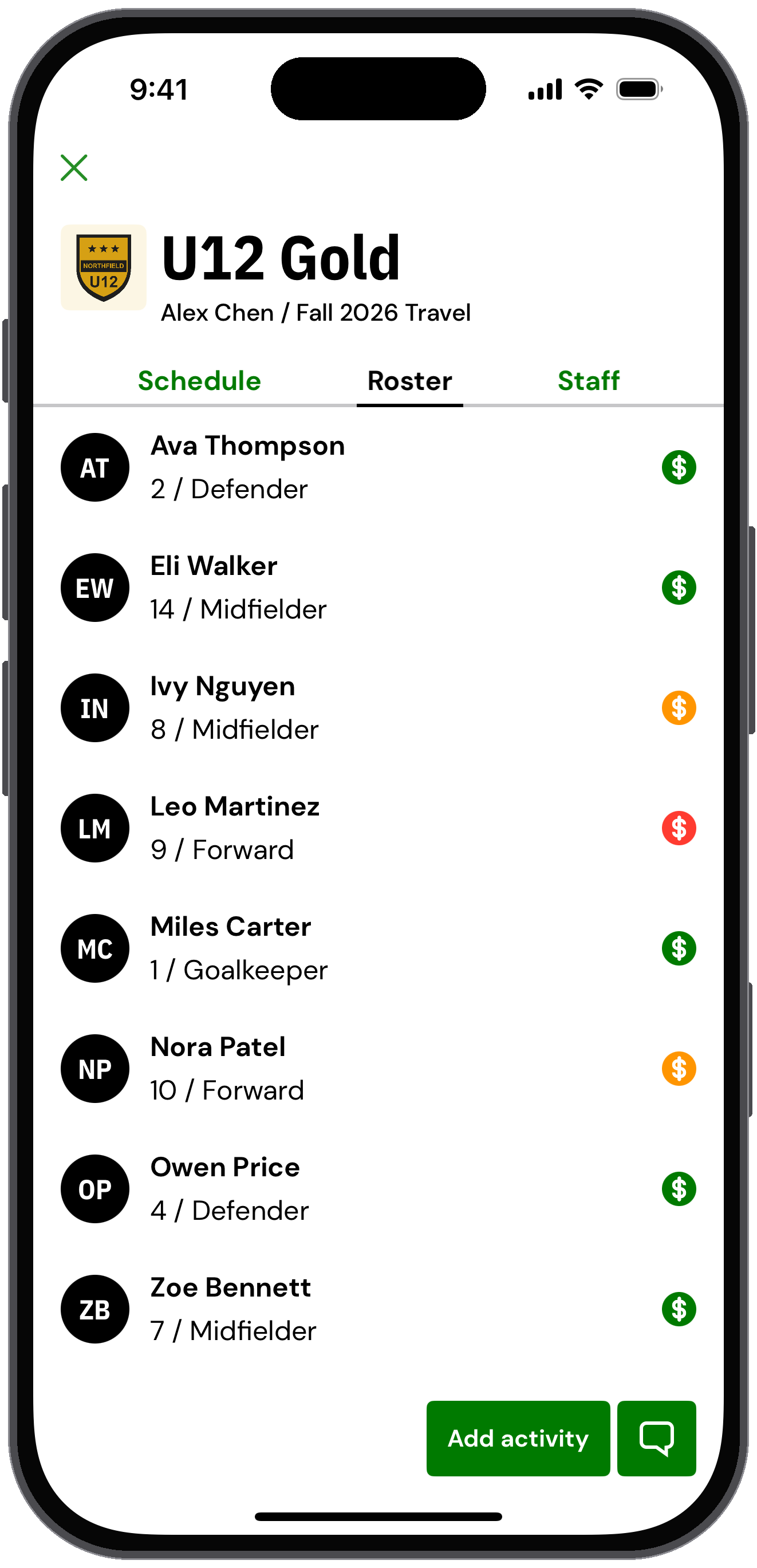 U12 Gold roster with each player's invoice status