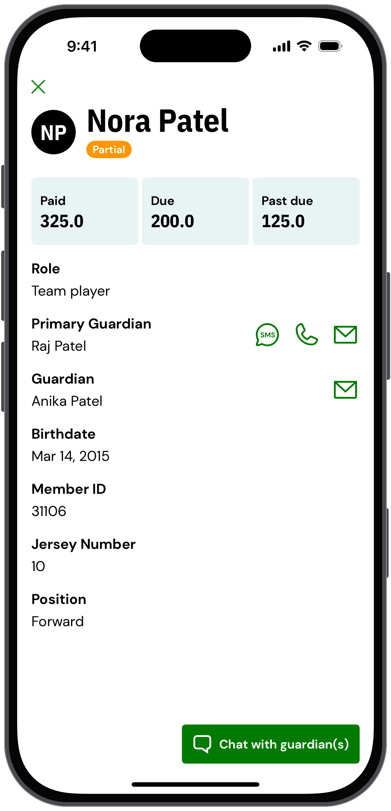 Roster member profile showing paid, due and past due amounts
