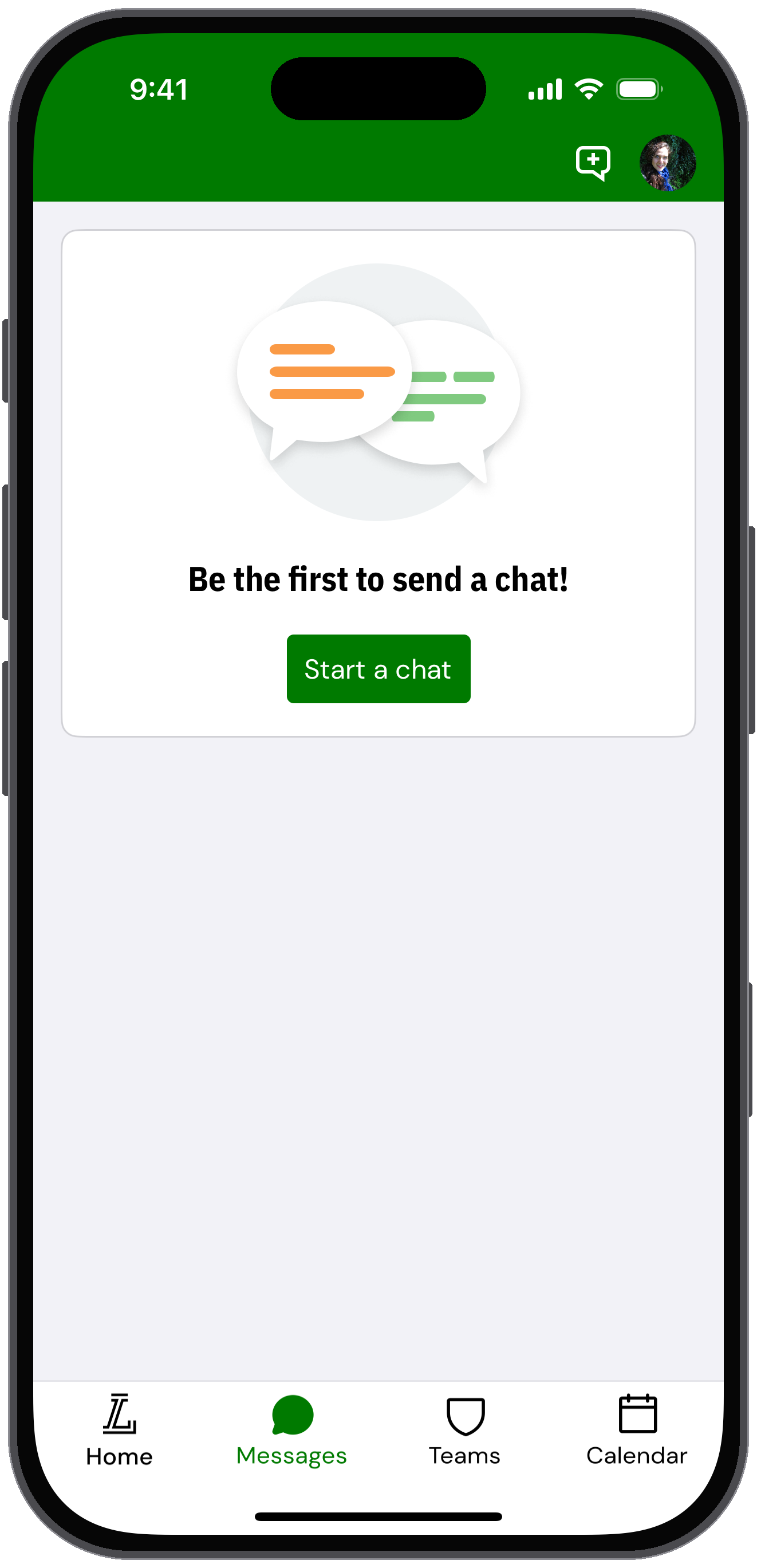 Messages tab with a prompt and button to start a chat