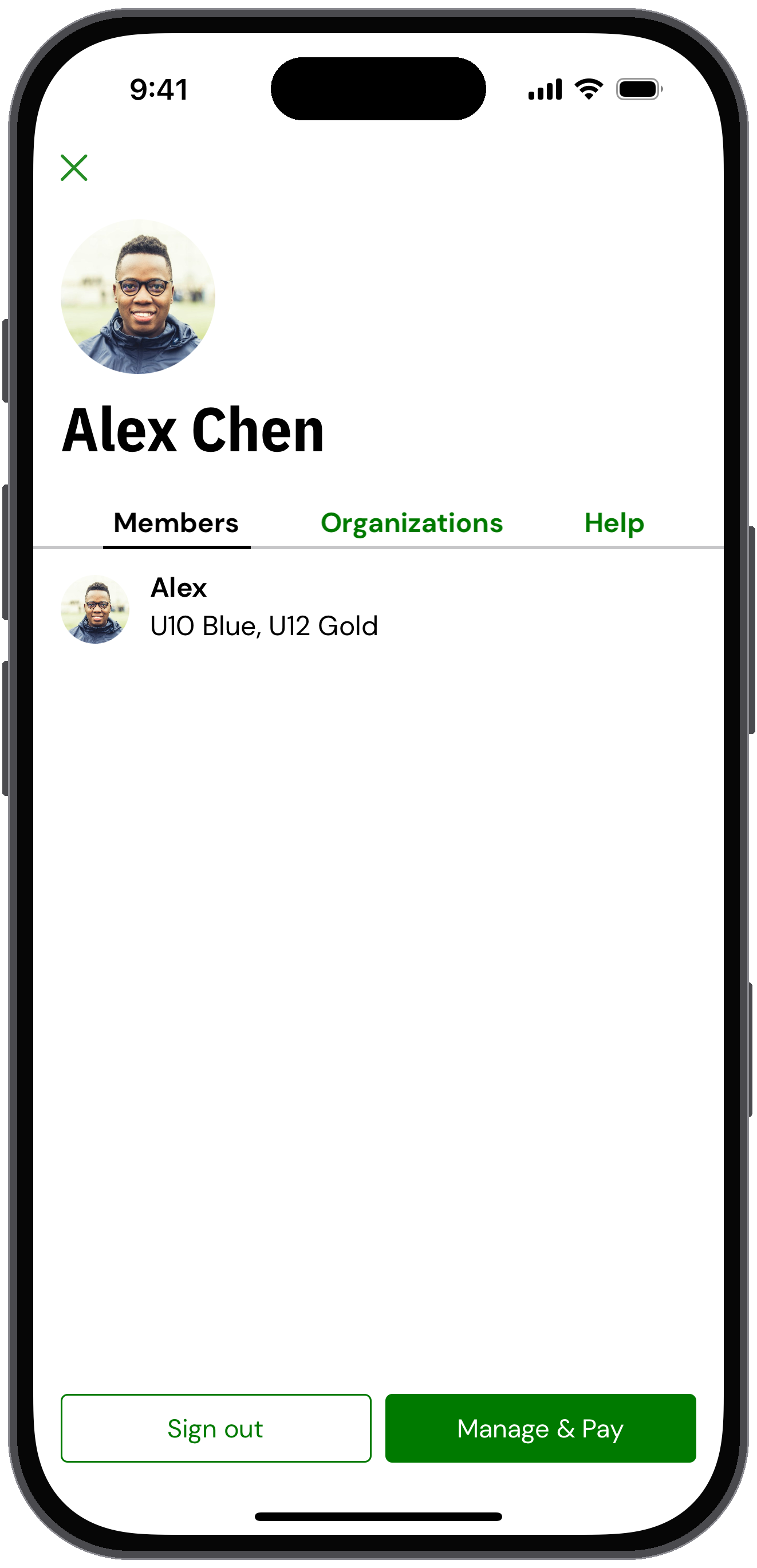 My account screen for Alex Chen