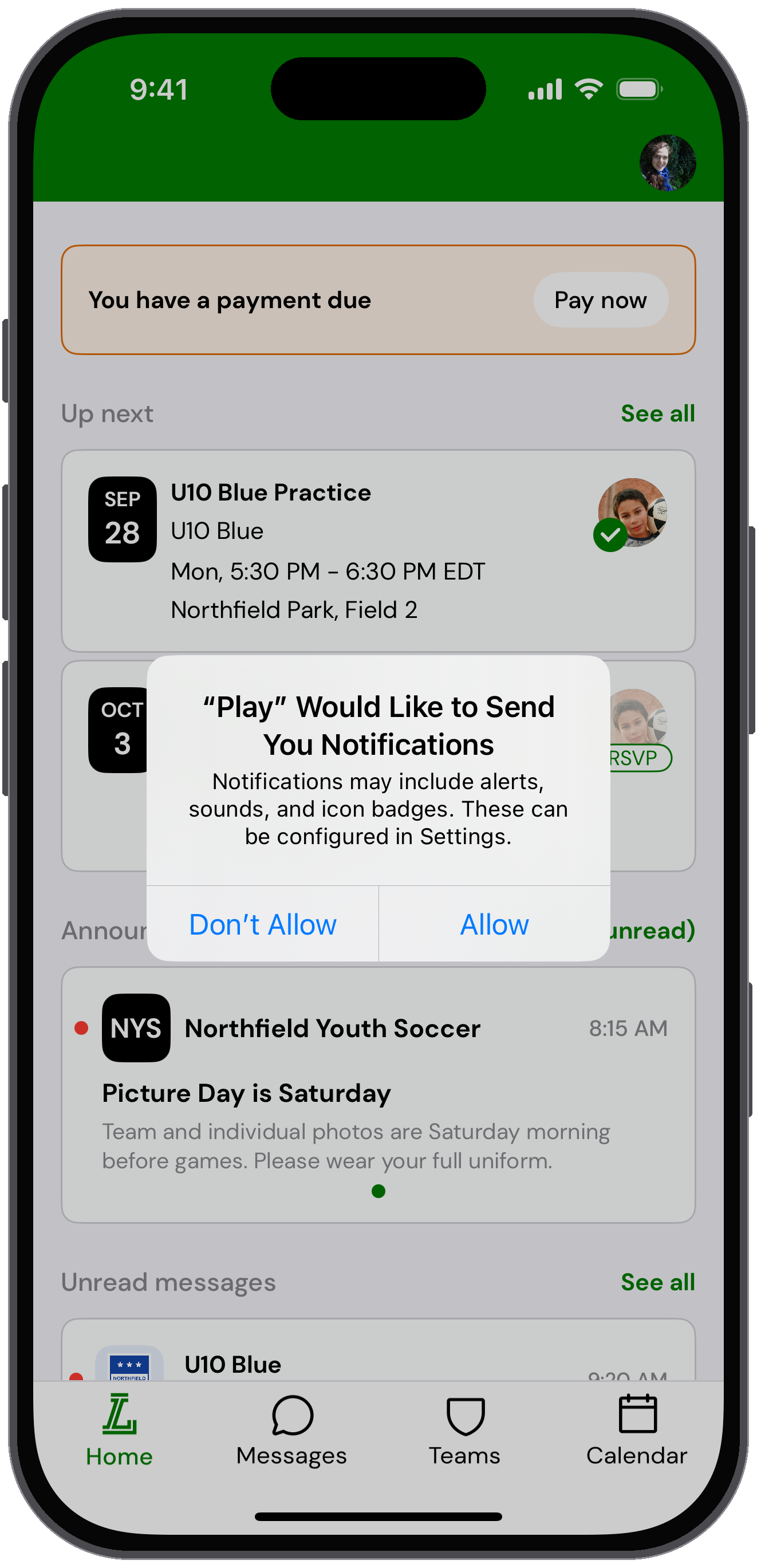 Prompt asking to allow LeagueApps Play to send notifications, with Don't Allow and Allow