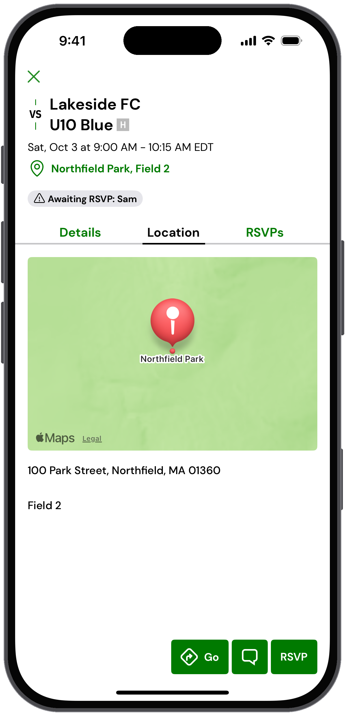 Location tab on a game with a map of Northfield Park and its address