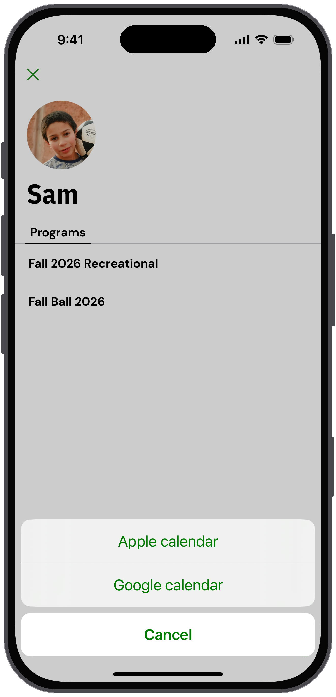 Subscribe sheet with Apple calendar, Google calendar and Cancel options