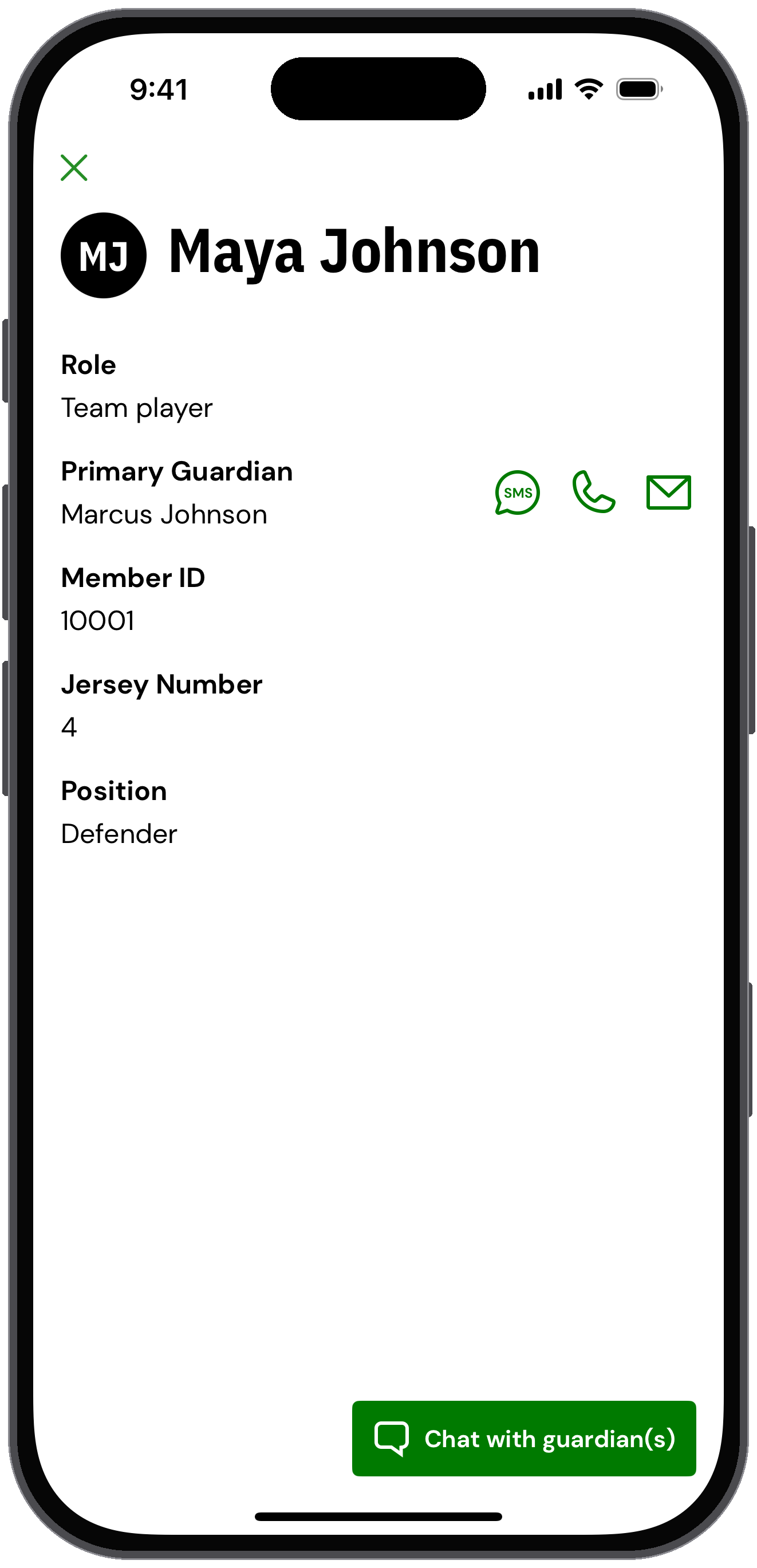 Roster member profile with role, guardian and text, call and email buttons
