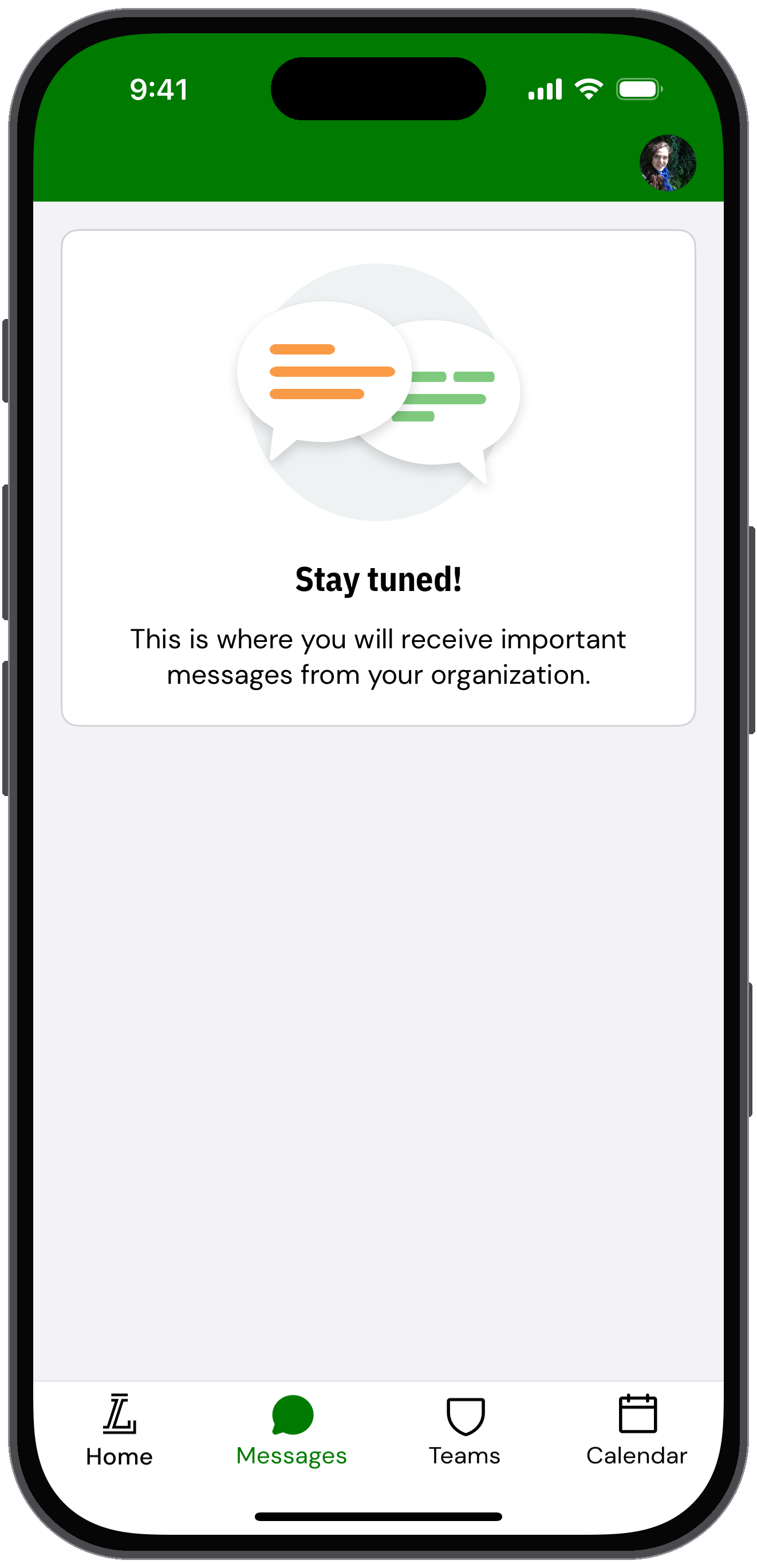 Messages tab message saying important messages from your organization will appear here