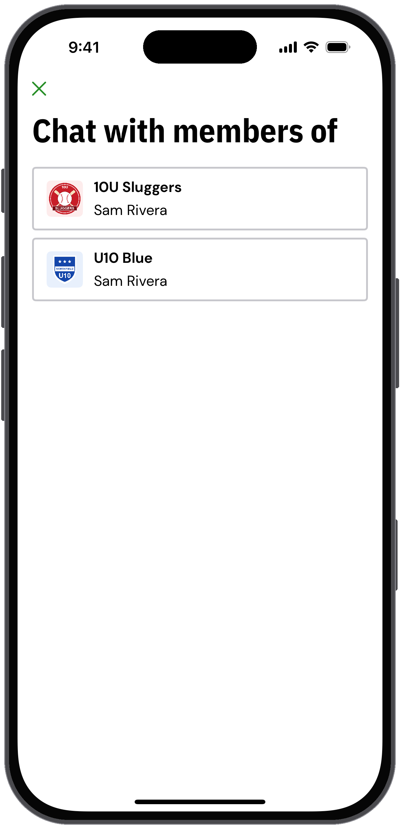 New chat screen asking which team's members to chat with