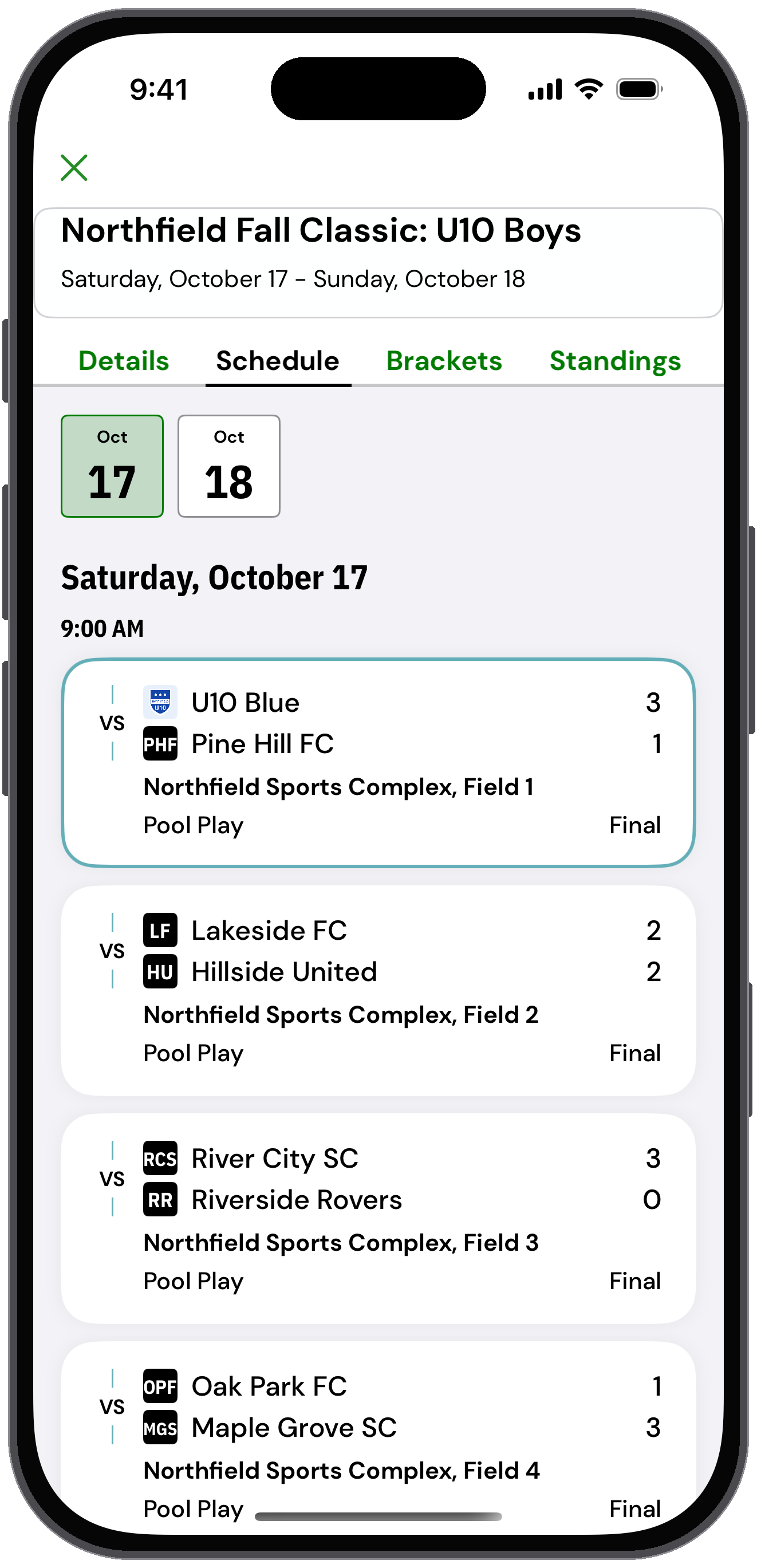 Northfield Fall Classic schedule with games by day
