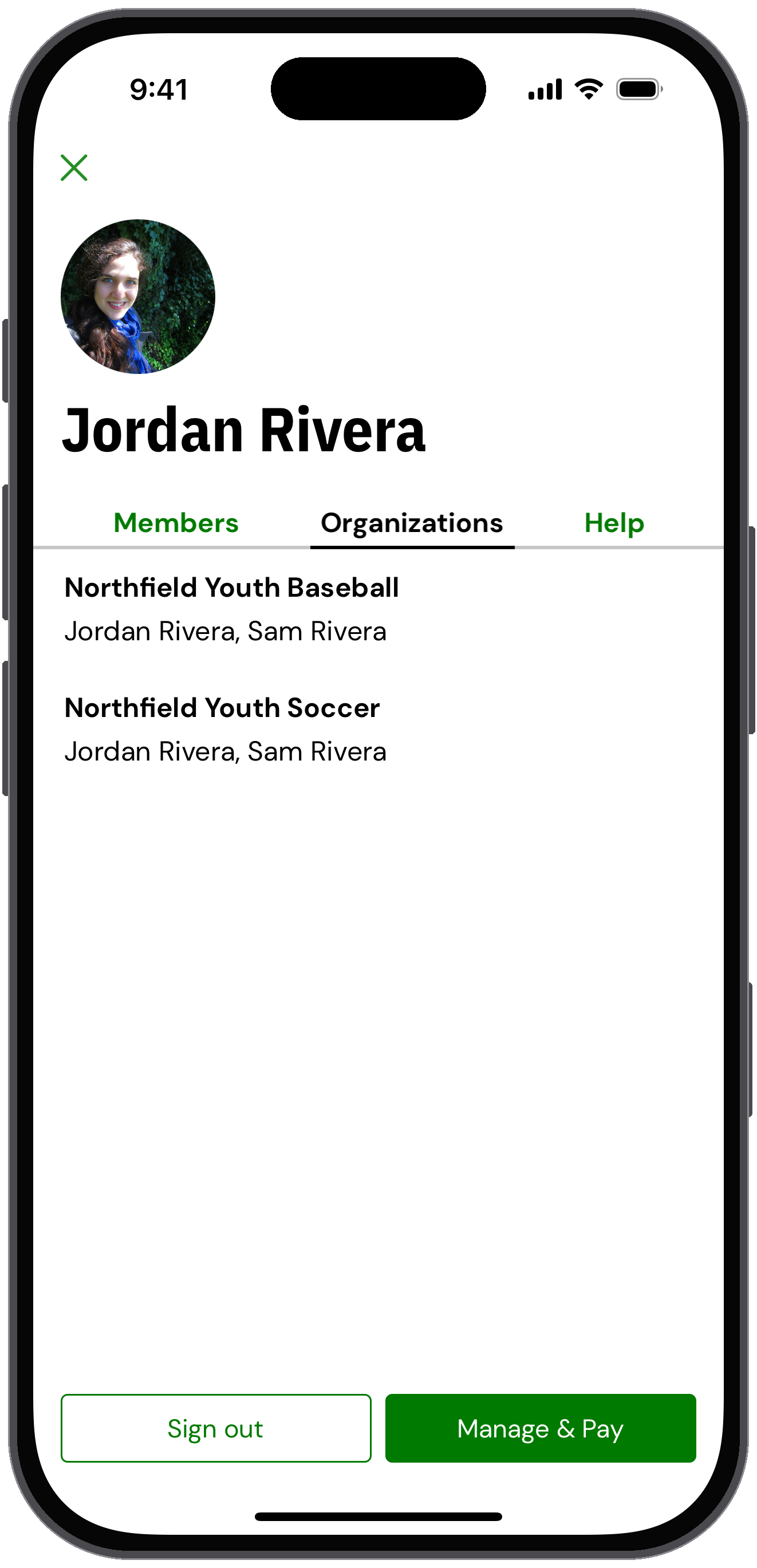 My account Organizations tab listing Northfield Youth Soccer and Northfield Youth Baseball