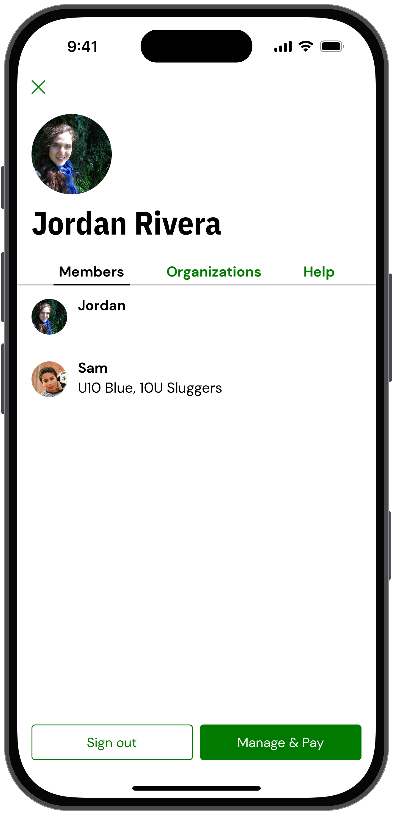 My account screen for Jordan Rivera with the Members, Organizations and Help tabs