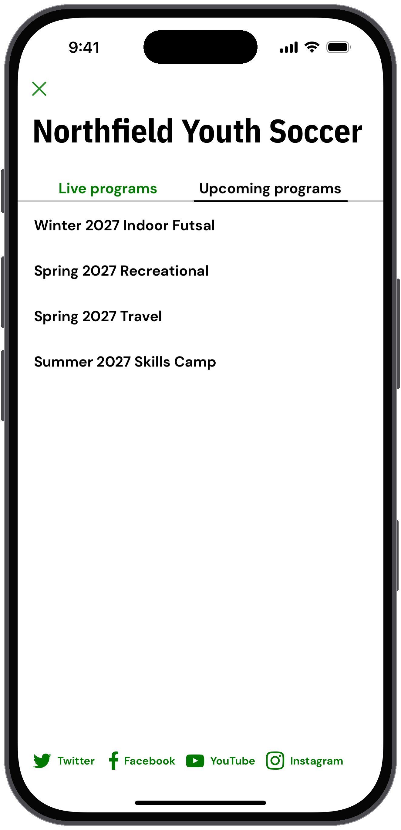 Northfield Youth Soccer organization page listing its programs