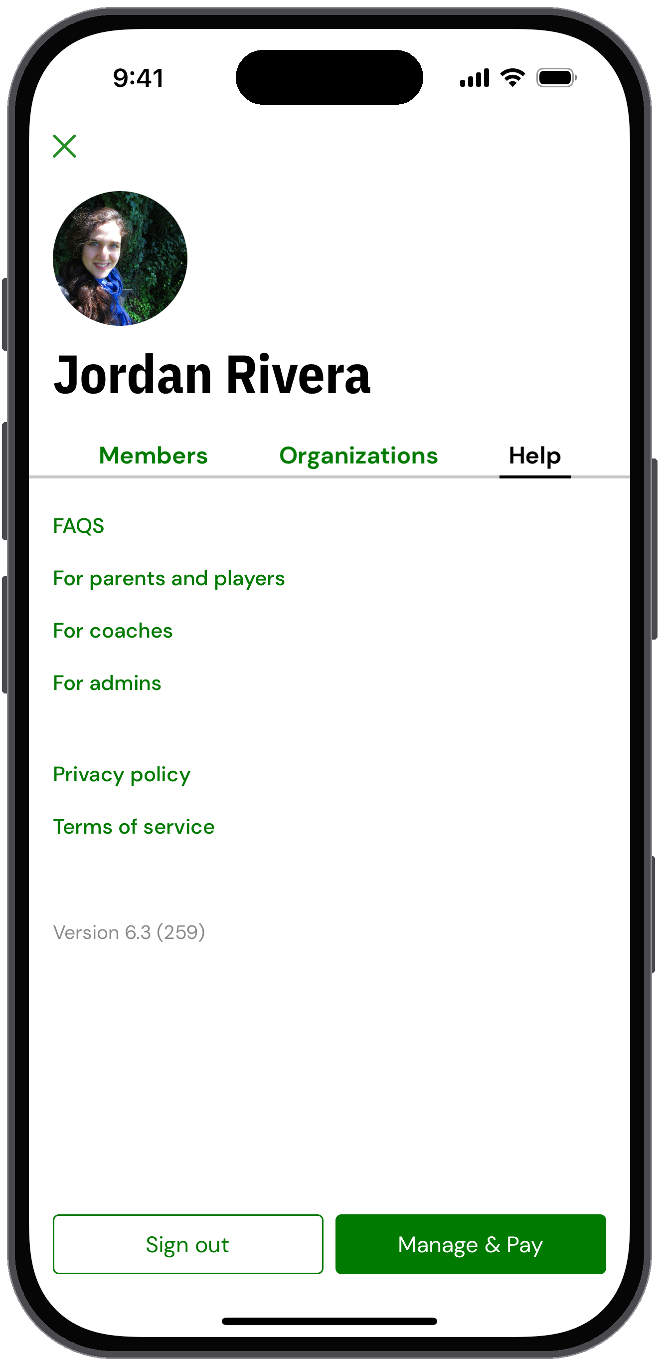 My account Help tab with links to FAQs, guides, privacy policy and terms