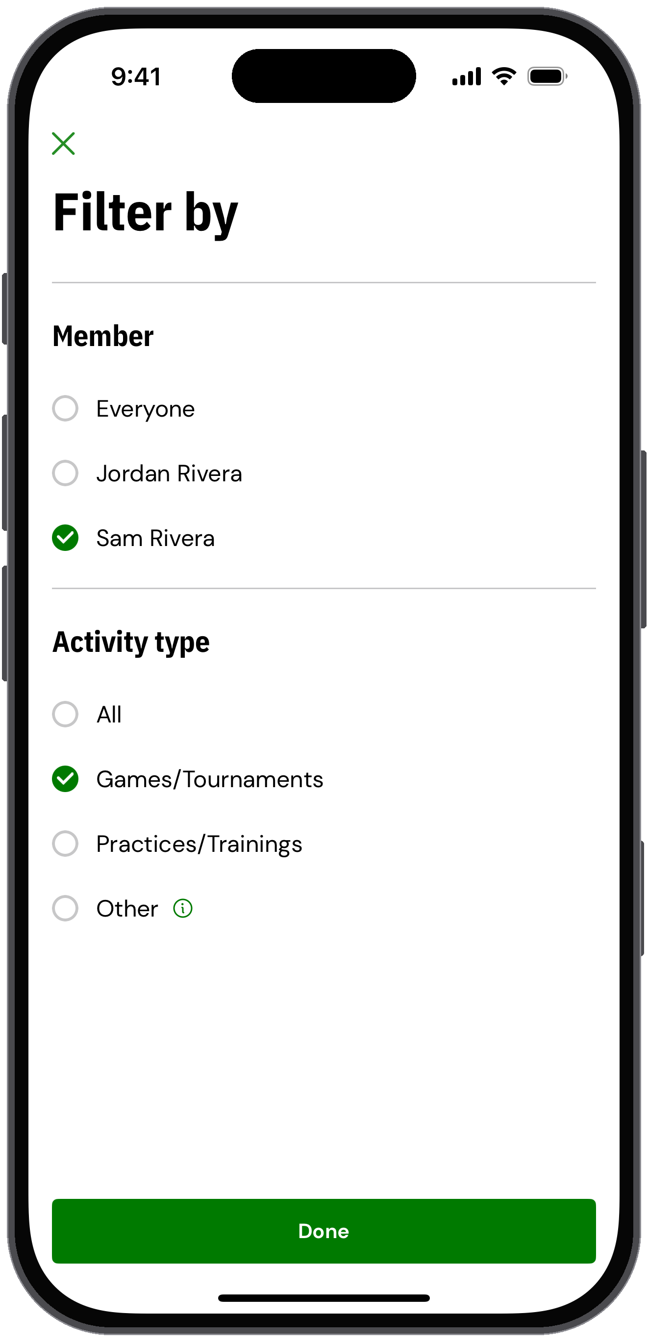 Calendar filter screen with member and activity type options