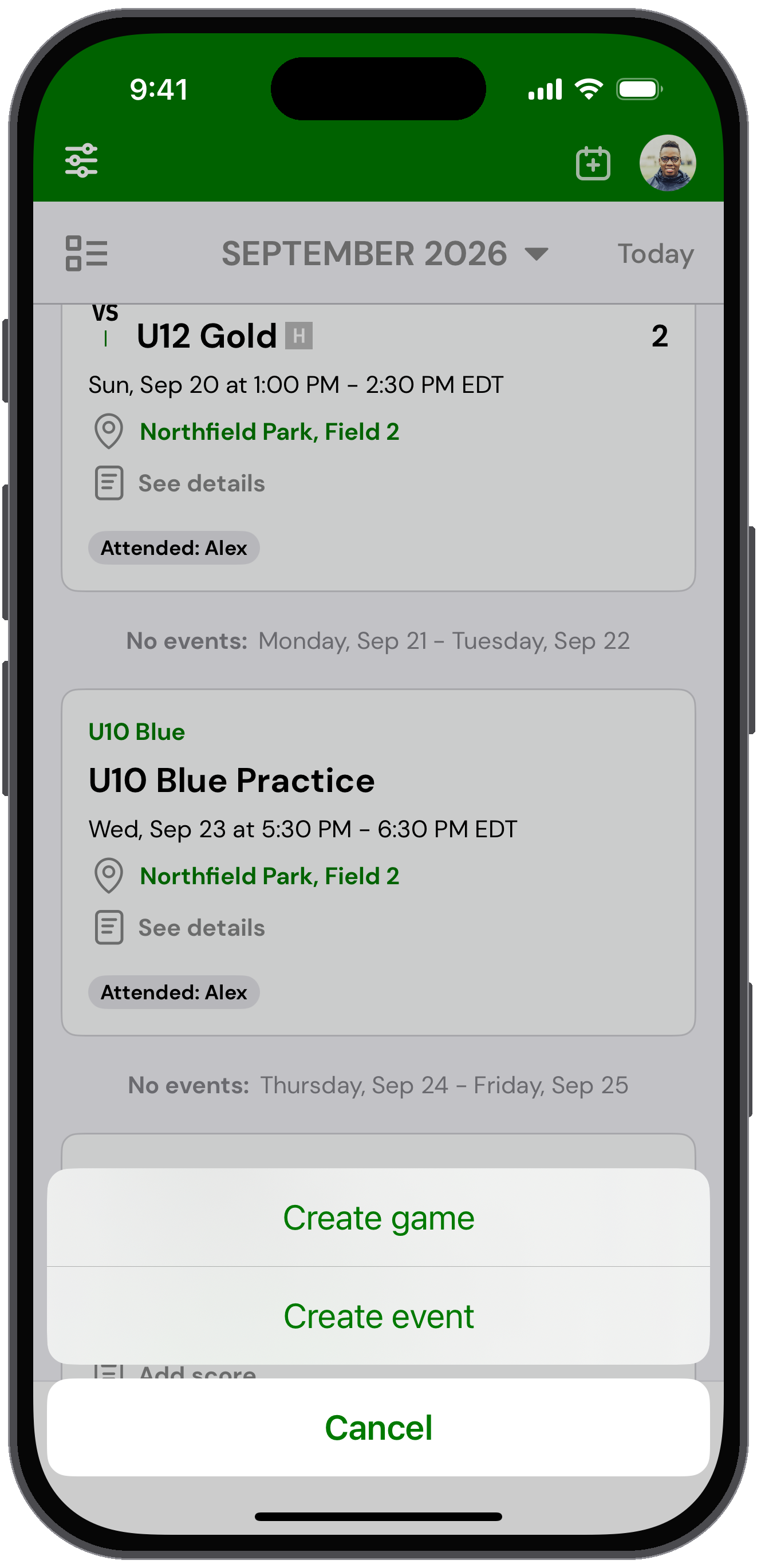Calendar add menu with Create game and Create event