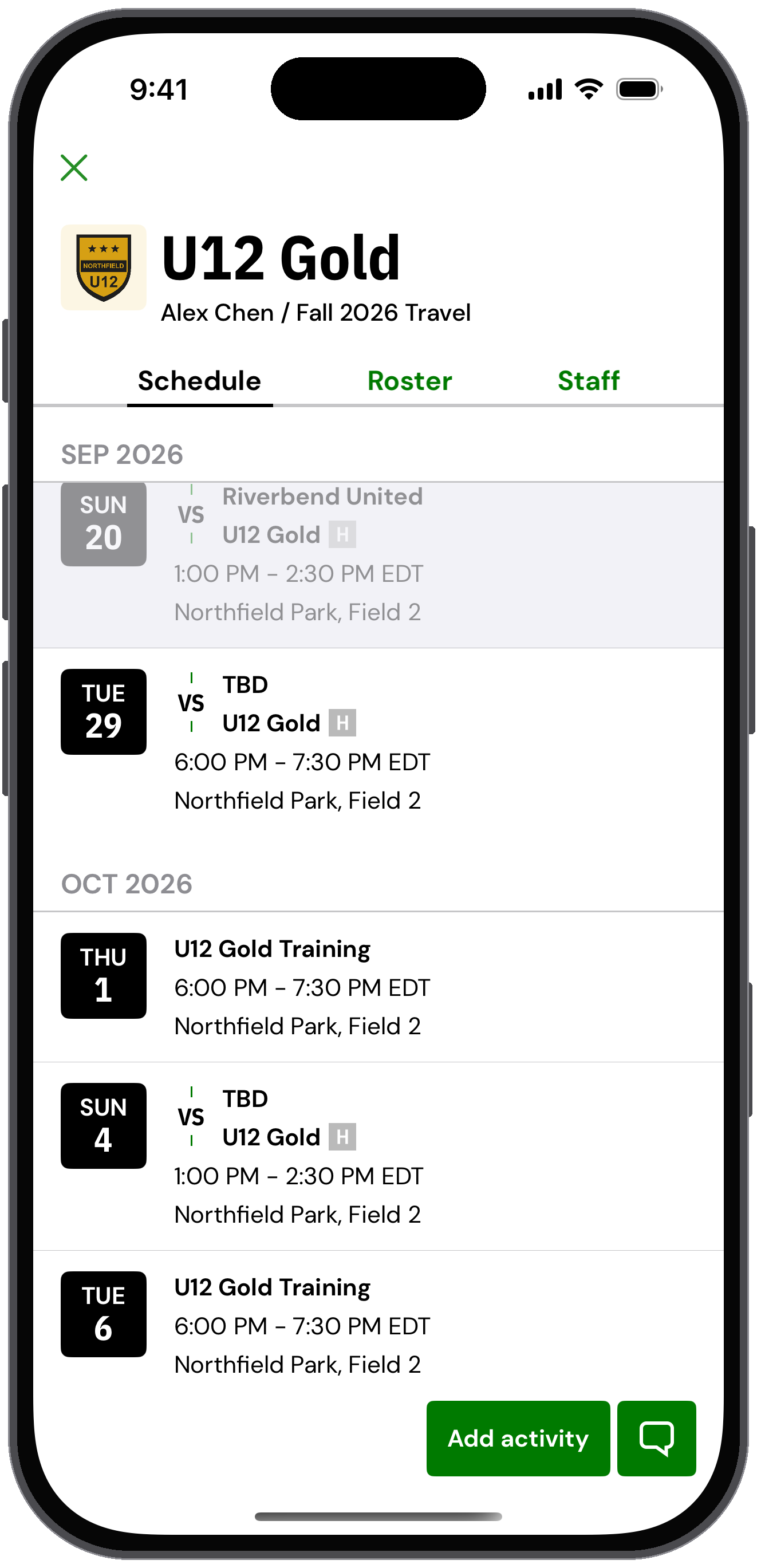 U12 Gold team details for a coach with Add activity