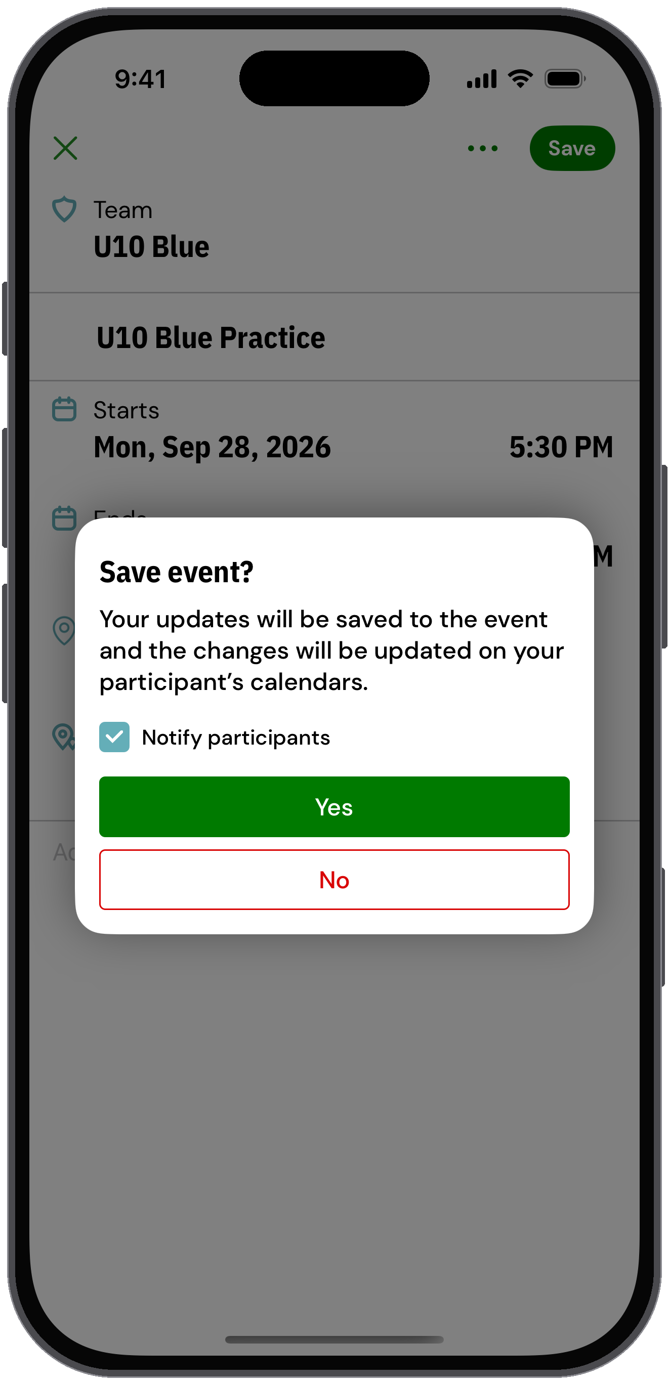 Save event prompt with a Notify participants checkbox