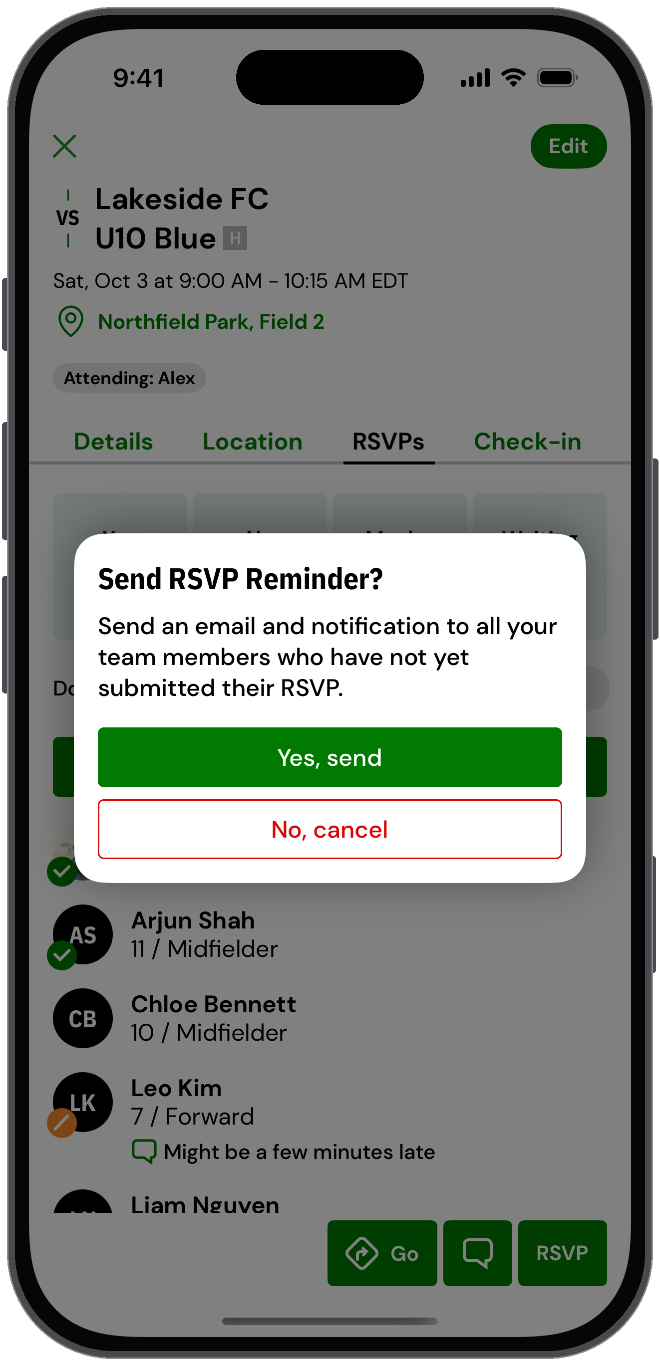 Prompt confirming you want to send an RSVP reminder