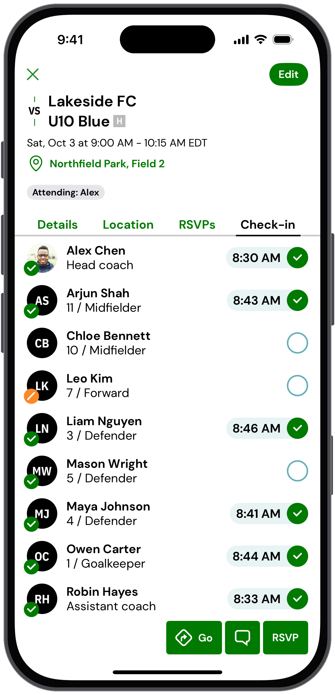 Check-in tab on an event listing players to check in